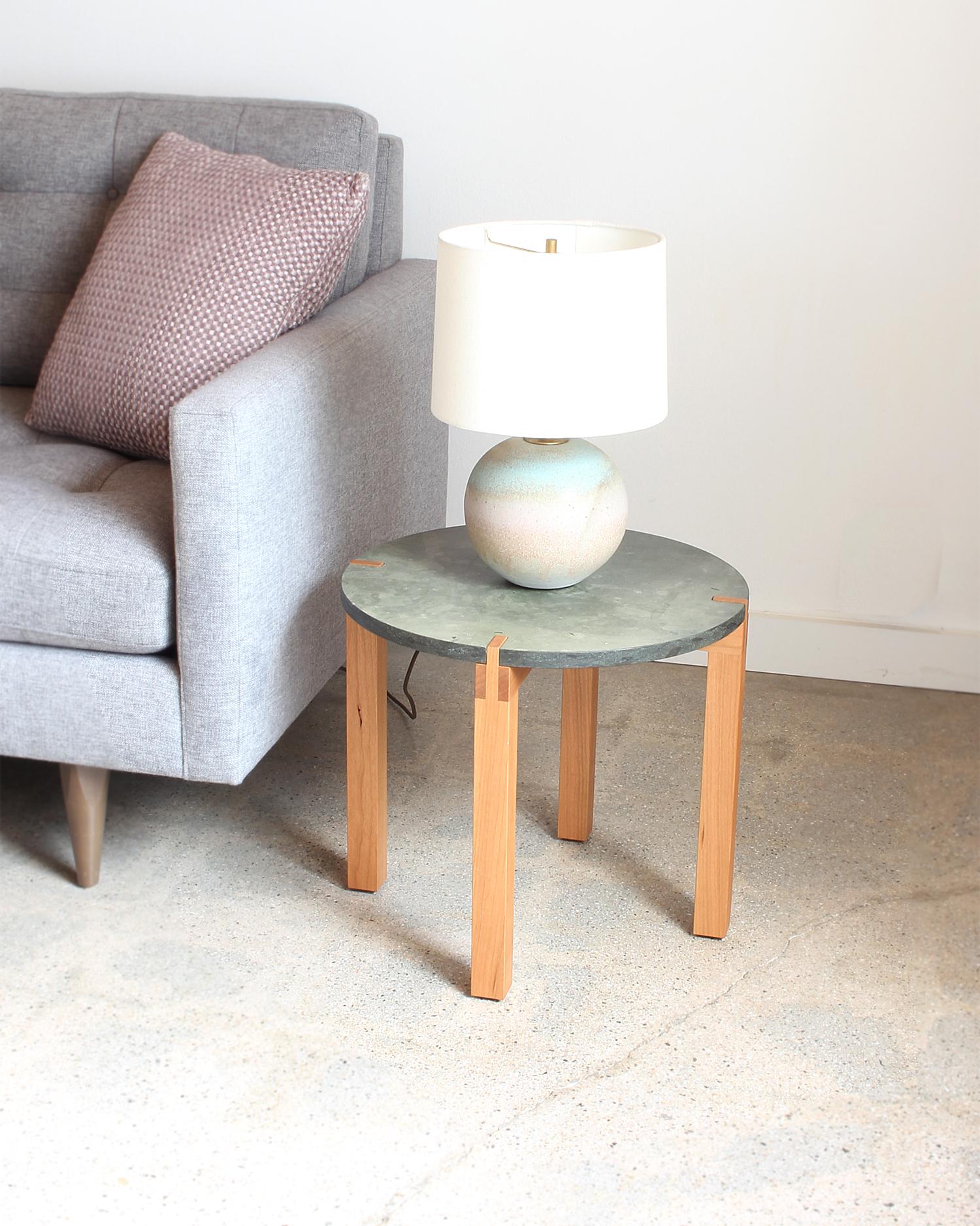 Contemporary Green Limestone and Cherry Side Table by Elliott Marks For Sale