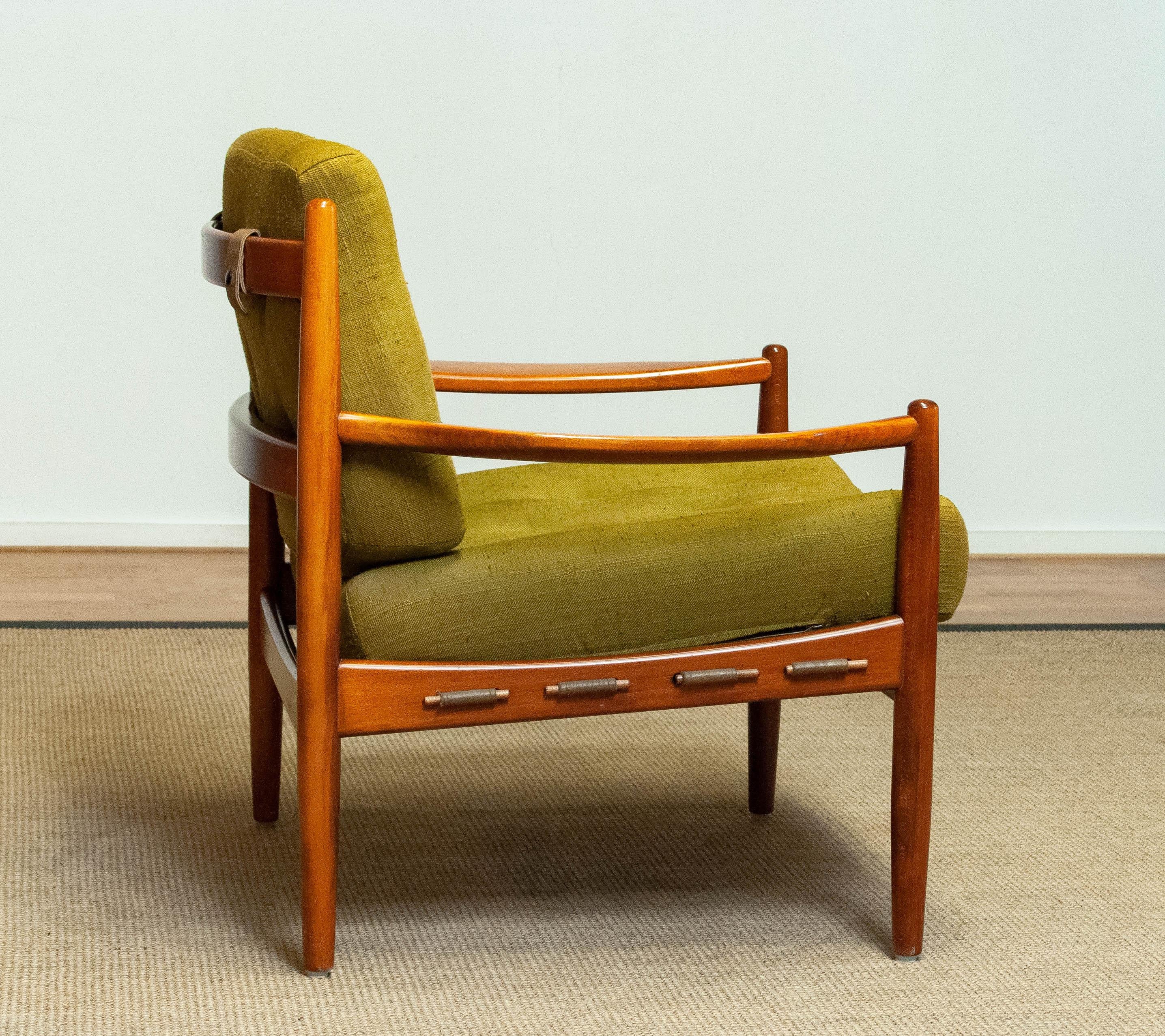 Green Linen 'Läckö'  Armchair by Ingemar Thillmark for OPE Sweden 1960s For Sale 4