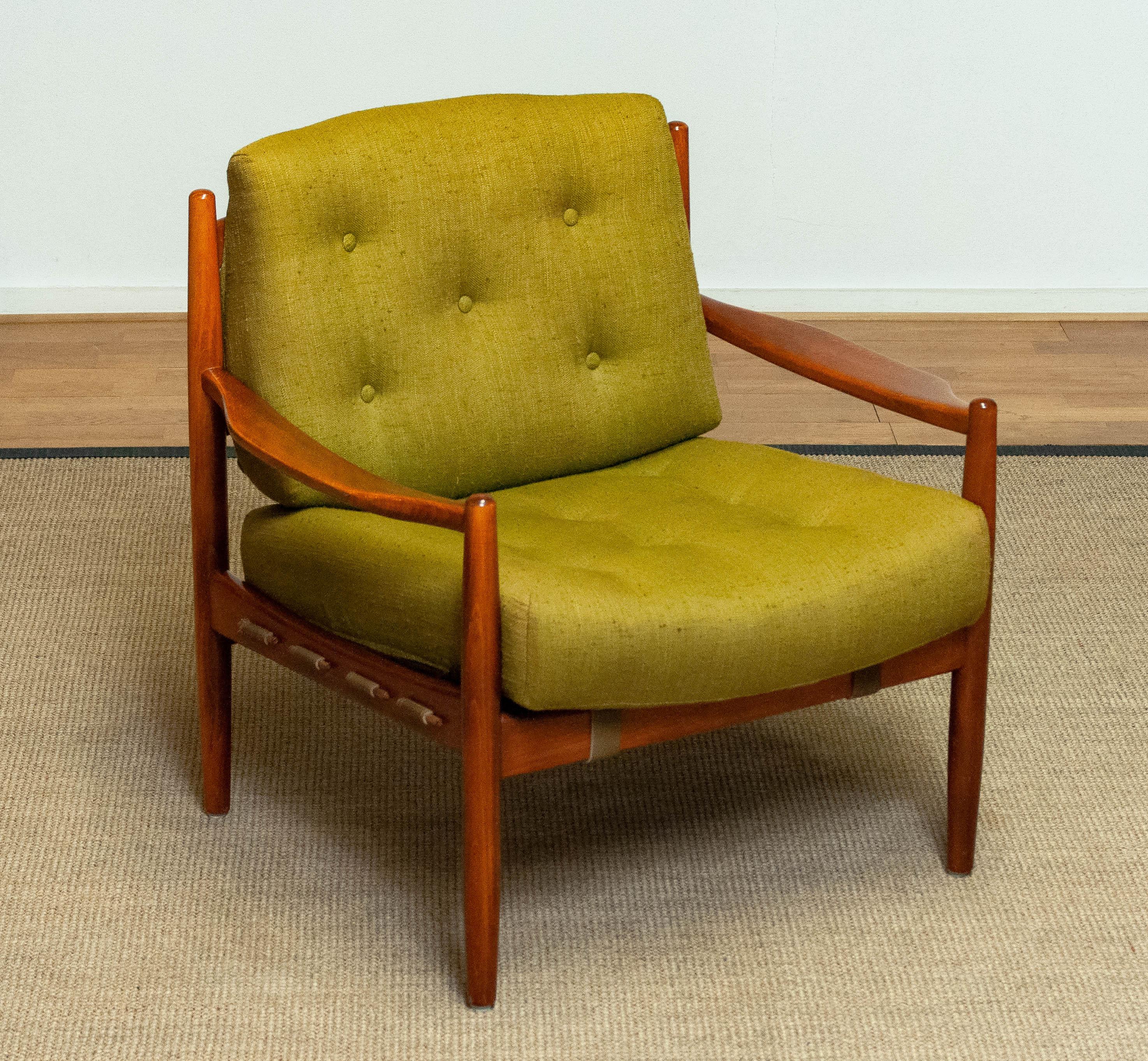 Scandinavian Modern Green Linen 'Läckö'  Armchair by Ingemar Thillmark for OPE Sweden 1960s For Sale