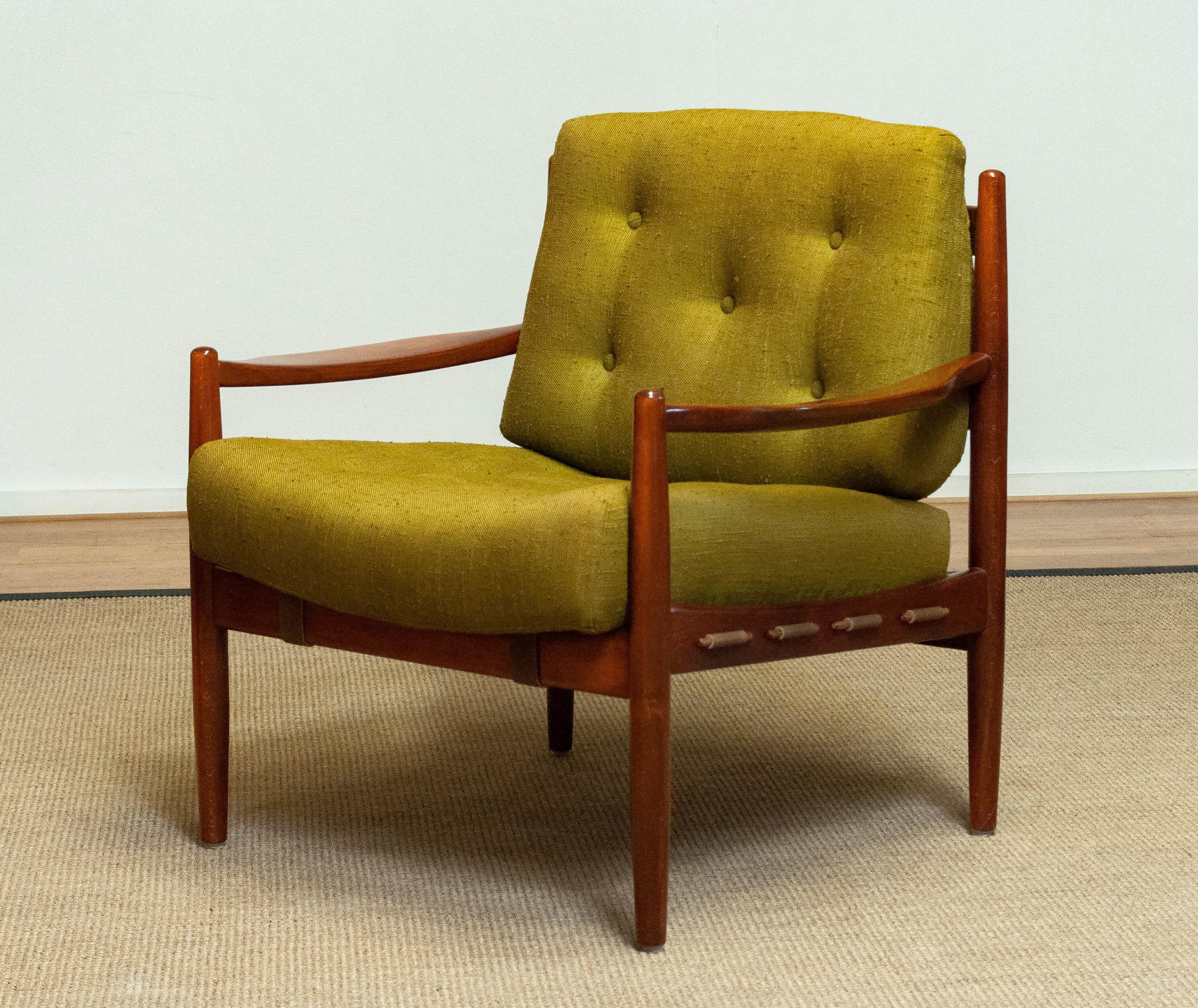 Green Linen 'Läckö'  Armchair by Ingemar Thillmark for OPE Sweden 1960s For Sale 1