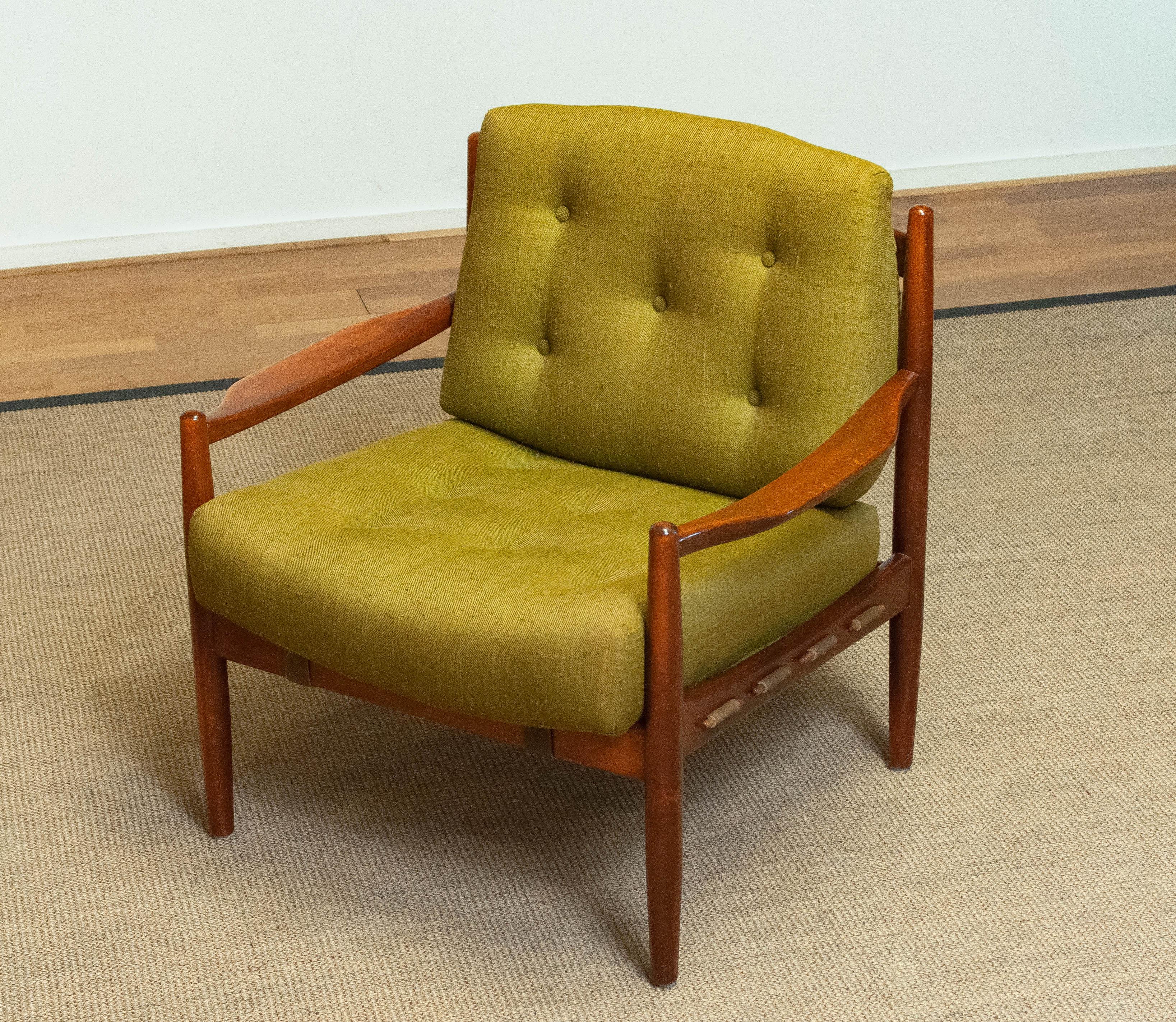 Green Linen 'Läckö'  Armchair by Ingemar Thillmark for OPE Sweden 1960s For Sale 2