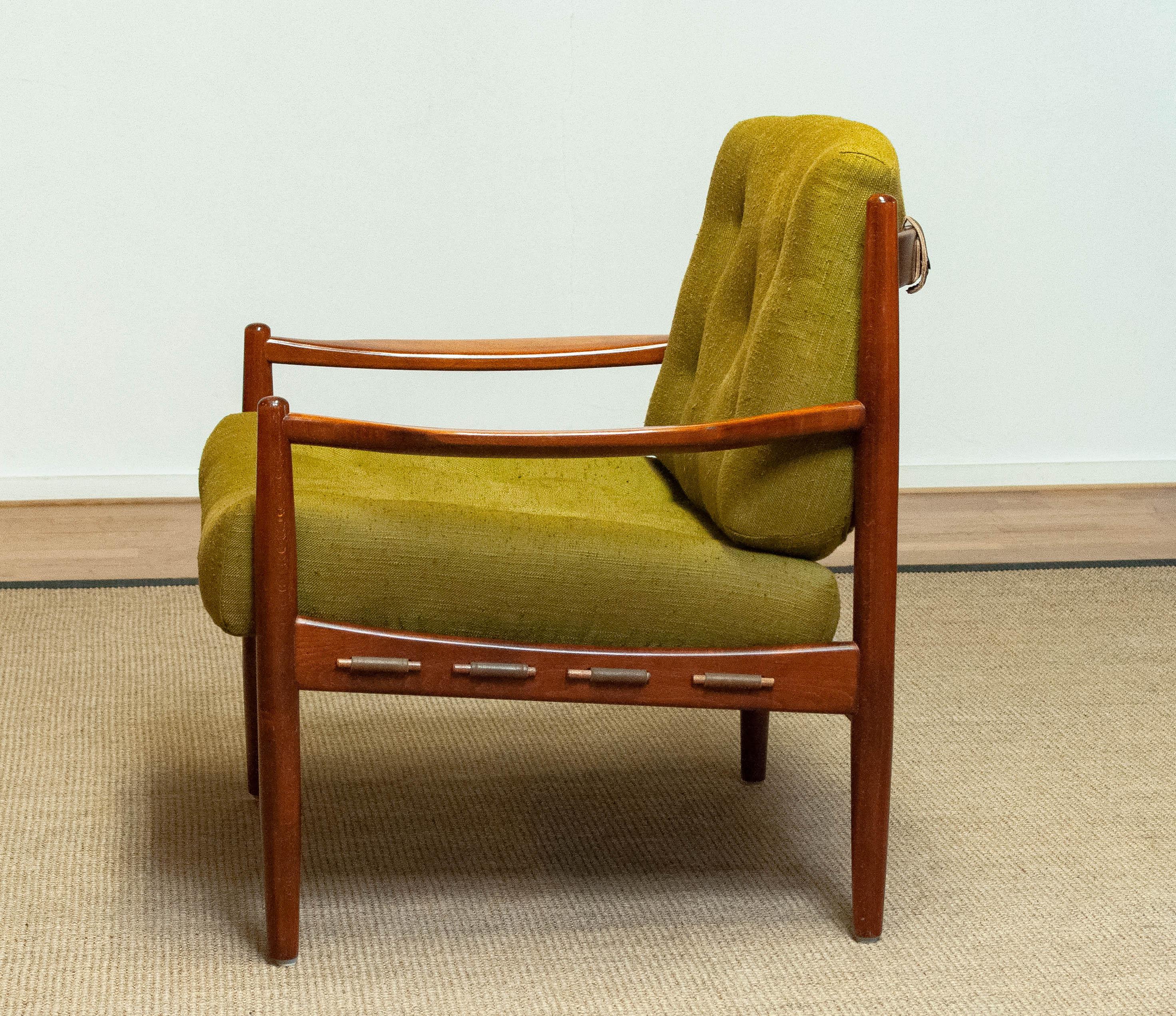 Green Linen 'Läckö'  Armchair by Ingemar Thillmark for OPE Sweden 1960s For Sale 3