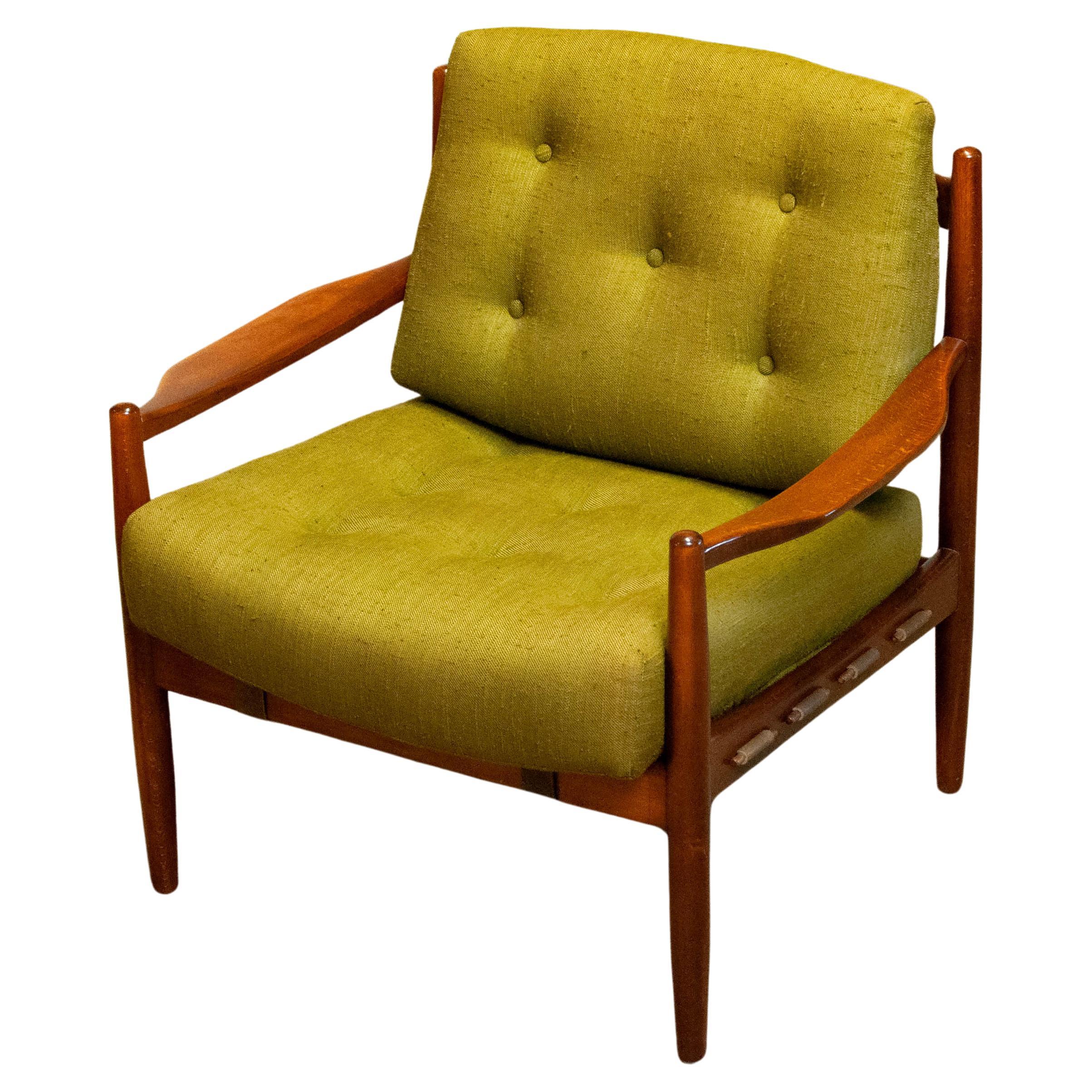 Green Linen 'Läckö'  Armchair by Ingemar Thillmark for OPE Sweden 1960s