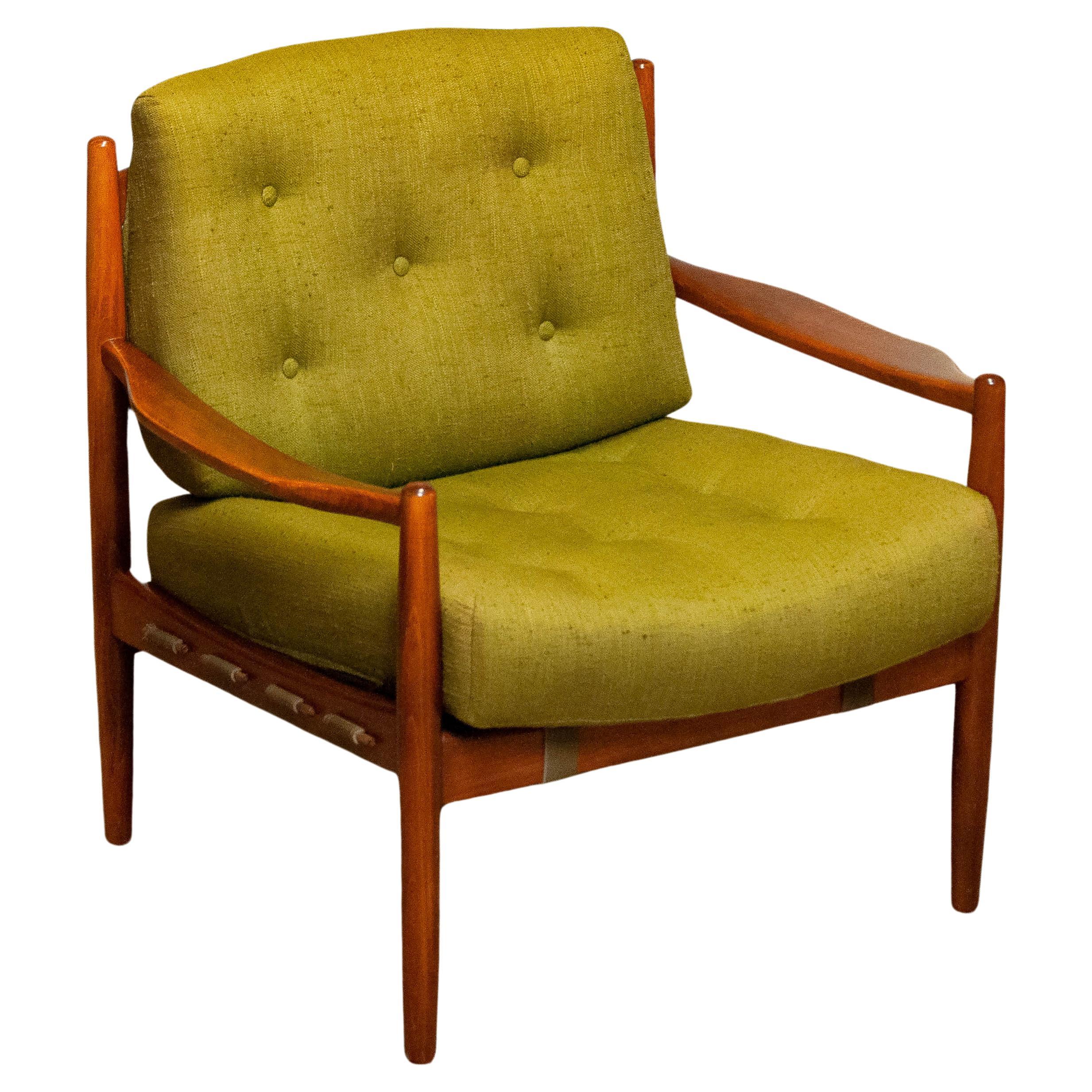 Green Linen 'Läckö'  Armchair by Ingemar Thillmark for OPE Sweden 1960s