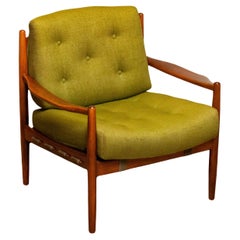Green Linen 'Läckö'  Armchair by Ingemar Thillmark for OPE Sweden 1960s