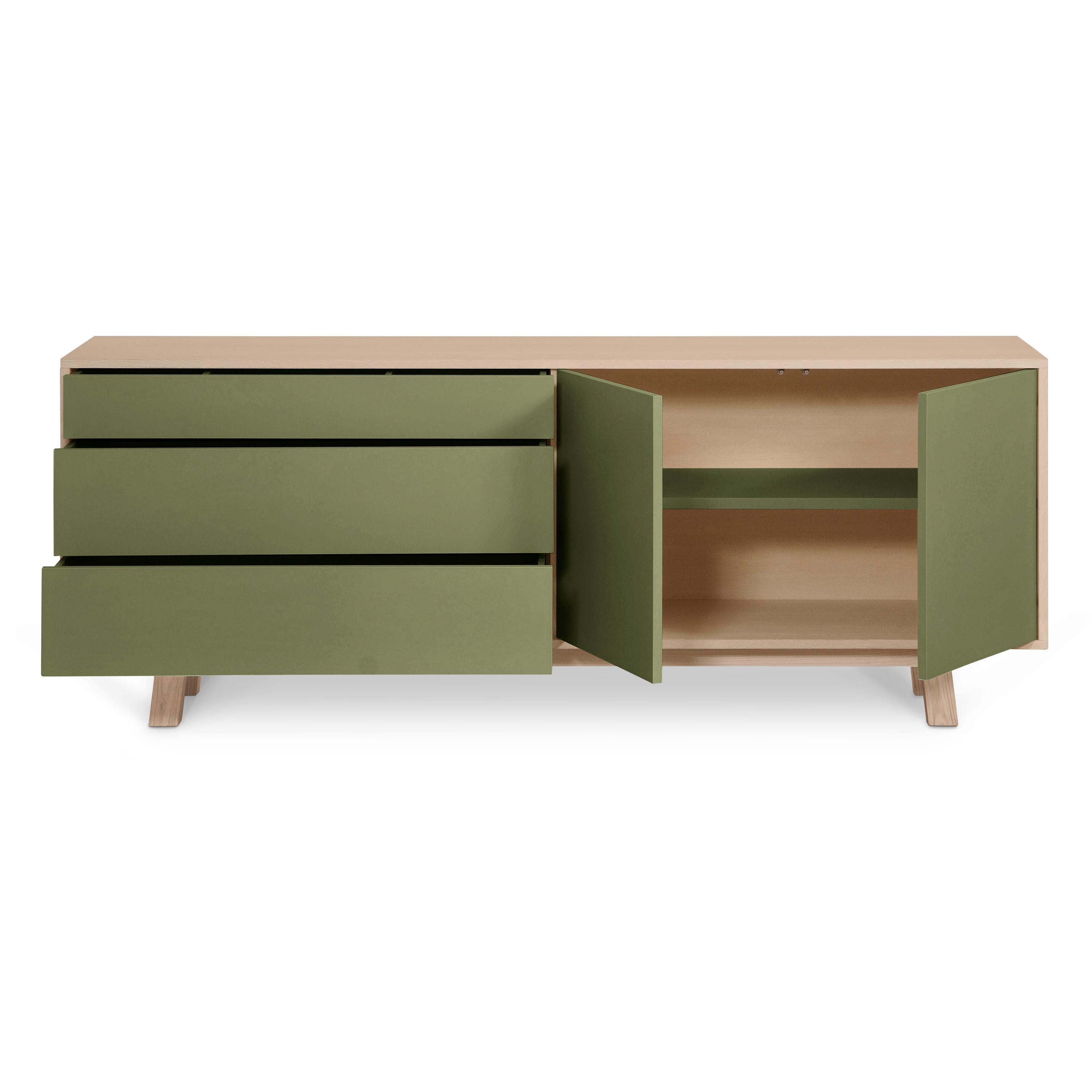 French Green Low 2 Door & 3 Drawer Sideboard in Ash Wood, Design Eric Gizard, Paris For Sale