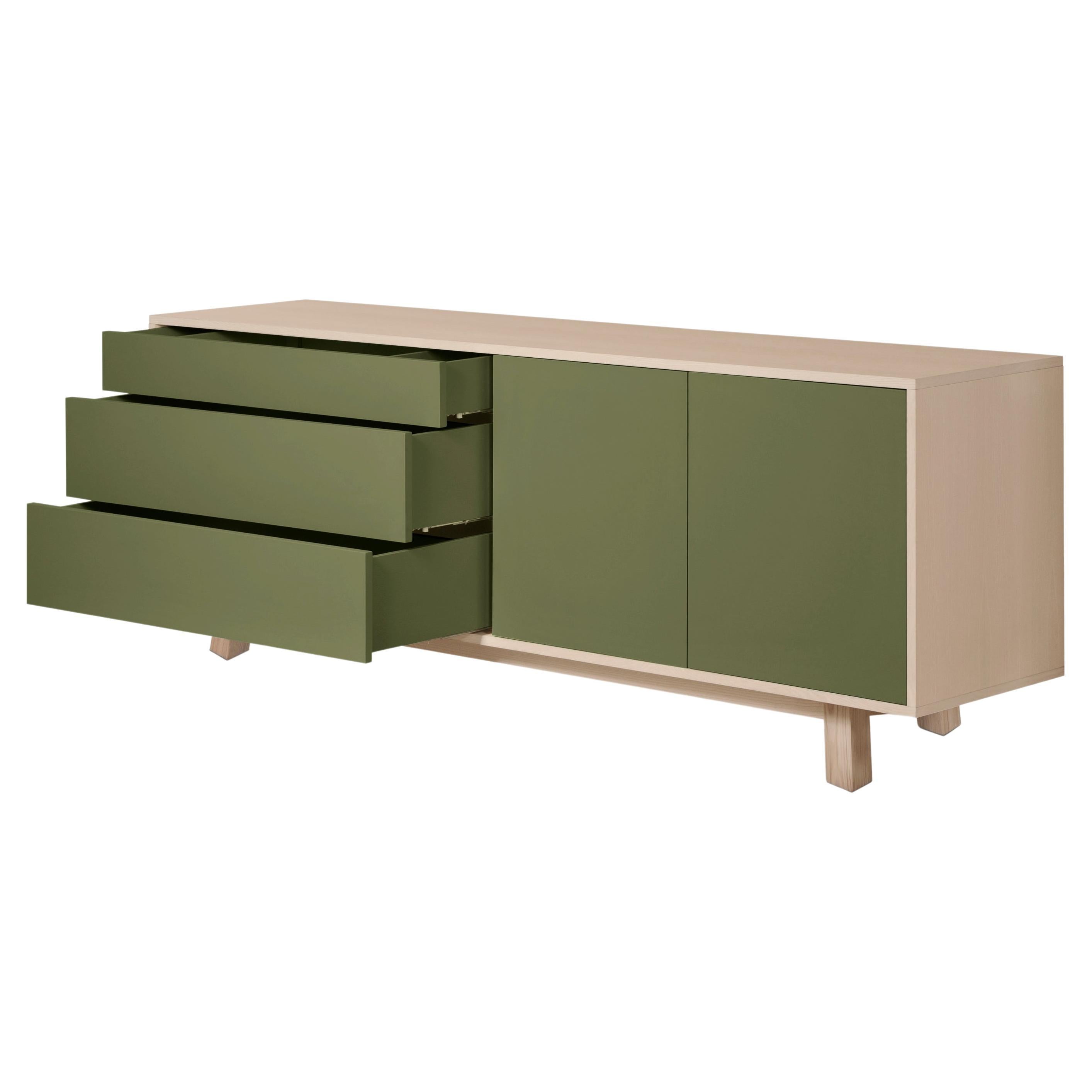 Green Low 2 Door & 3 Drawer Sideboard in Ash Wood, Design Eric Gizard, Paris For Sale