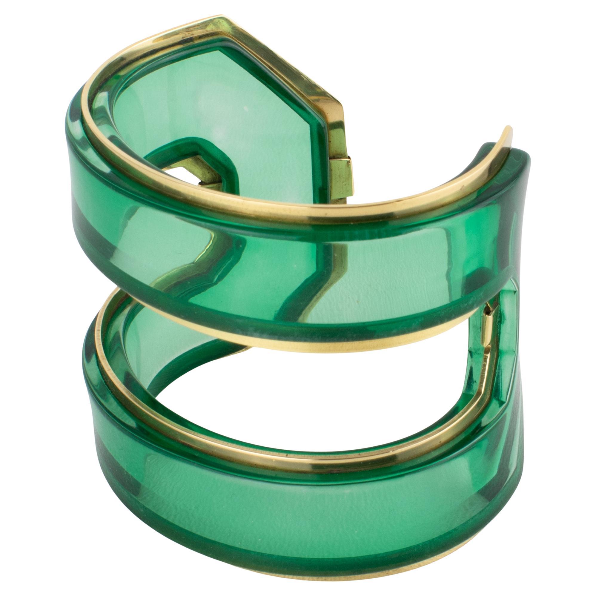 Green Lucite and Brass Cuff Bangle Bracelet