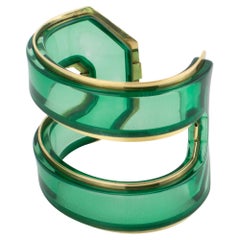 Green Lucite and Brass Cuff Bangle Bracelet