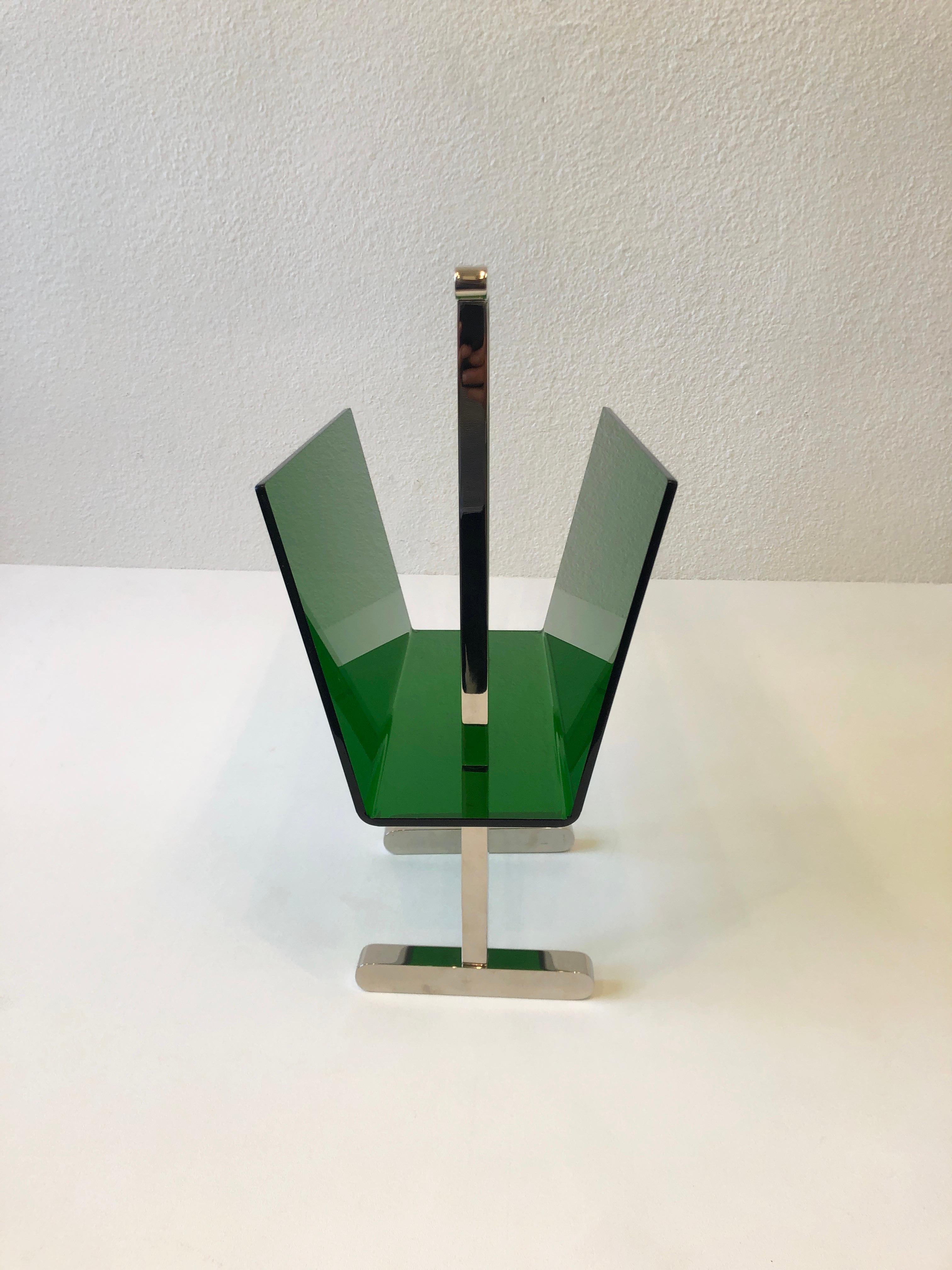 Polished Green Lucite and Nickel Magazine Holder by Charles Hollis Jone 