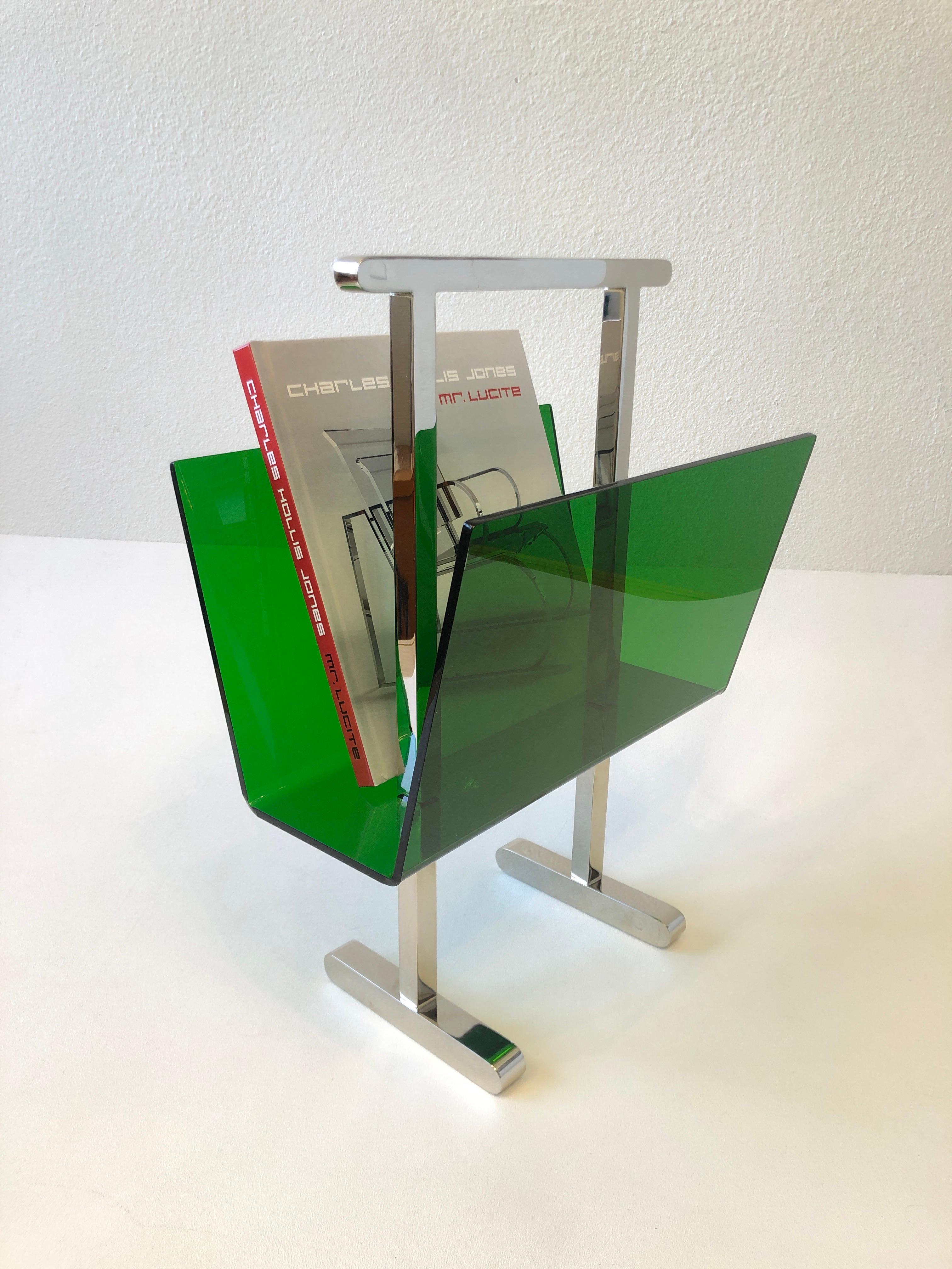 Green Lucite and Nickel Magazine Holder by Charles Hollis Jone  In New Condition In Palm Springs, CA