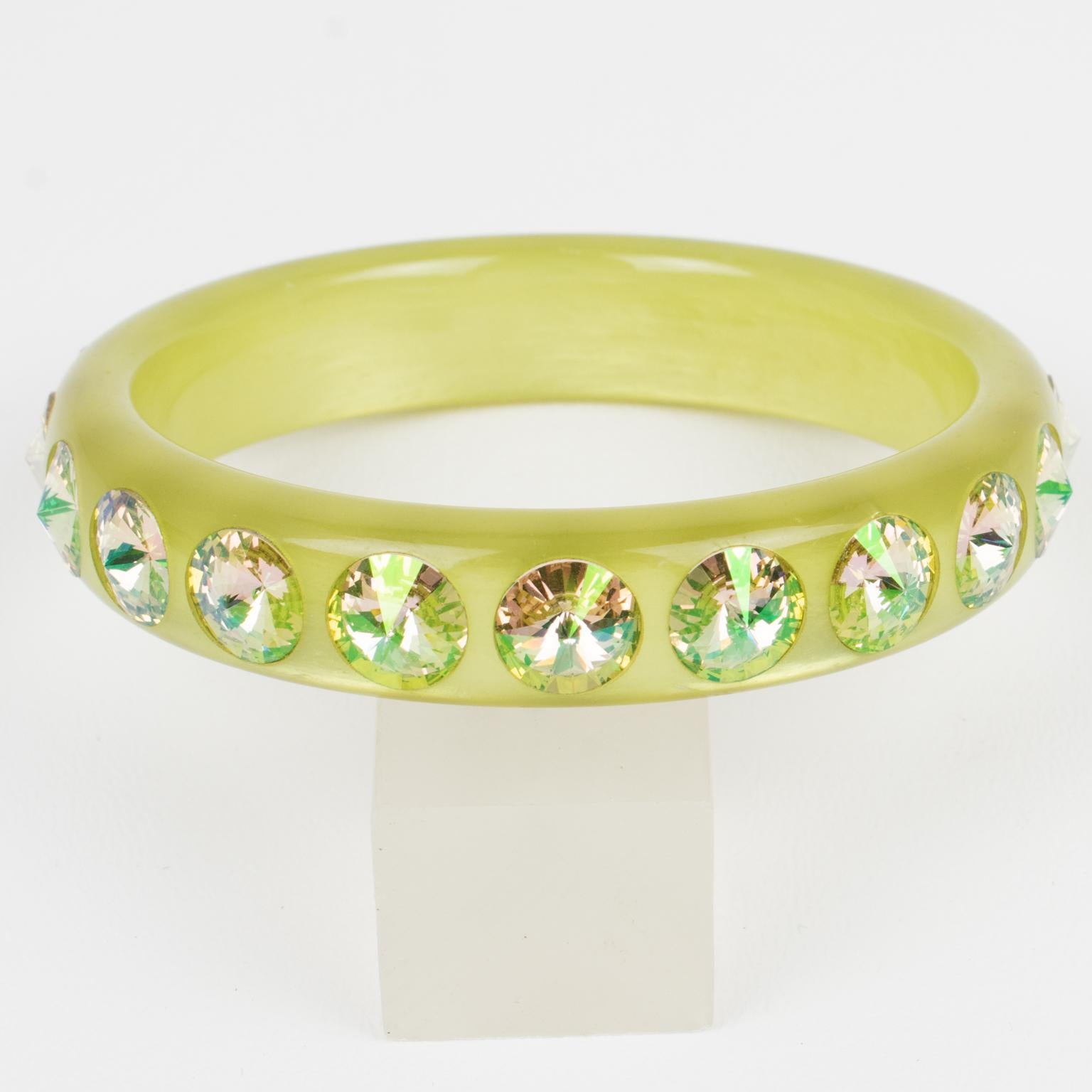 Modern Green Lucite Bracelet Bangle with Yellow Crystal Rhinestones For Sale
