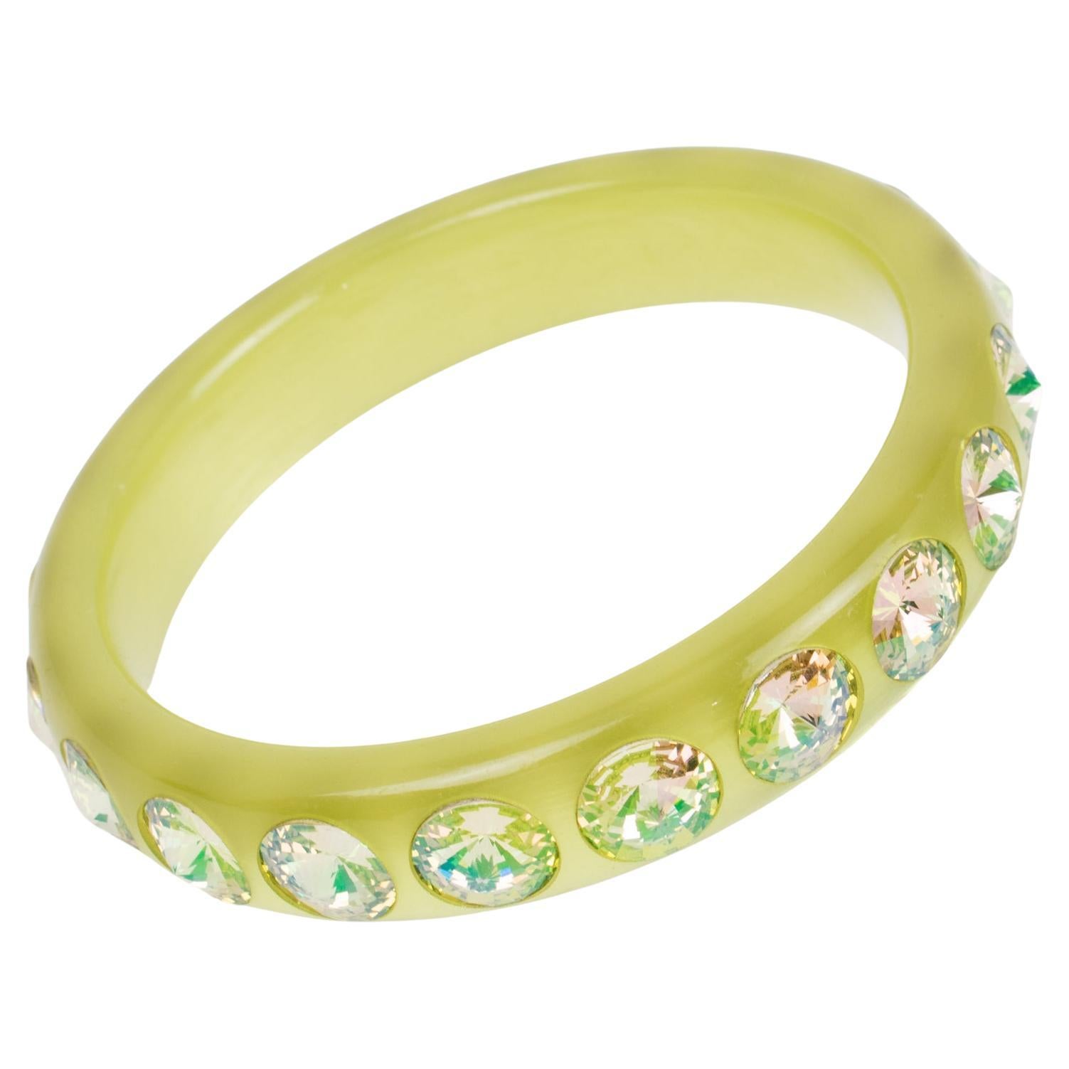 Green Lucite Bracelet Bangle with Yellow Crystal Rhinestones For Sale