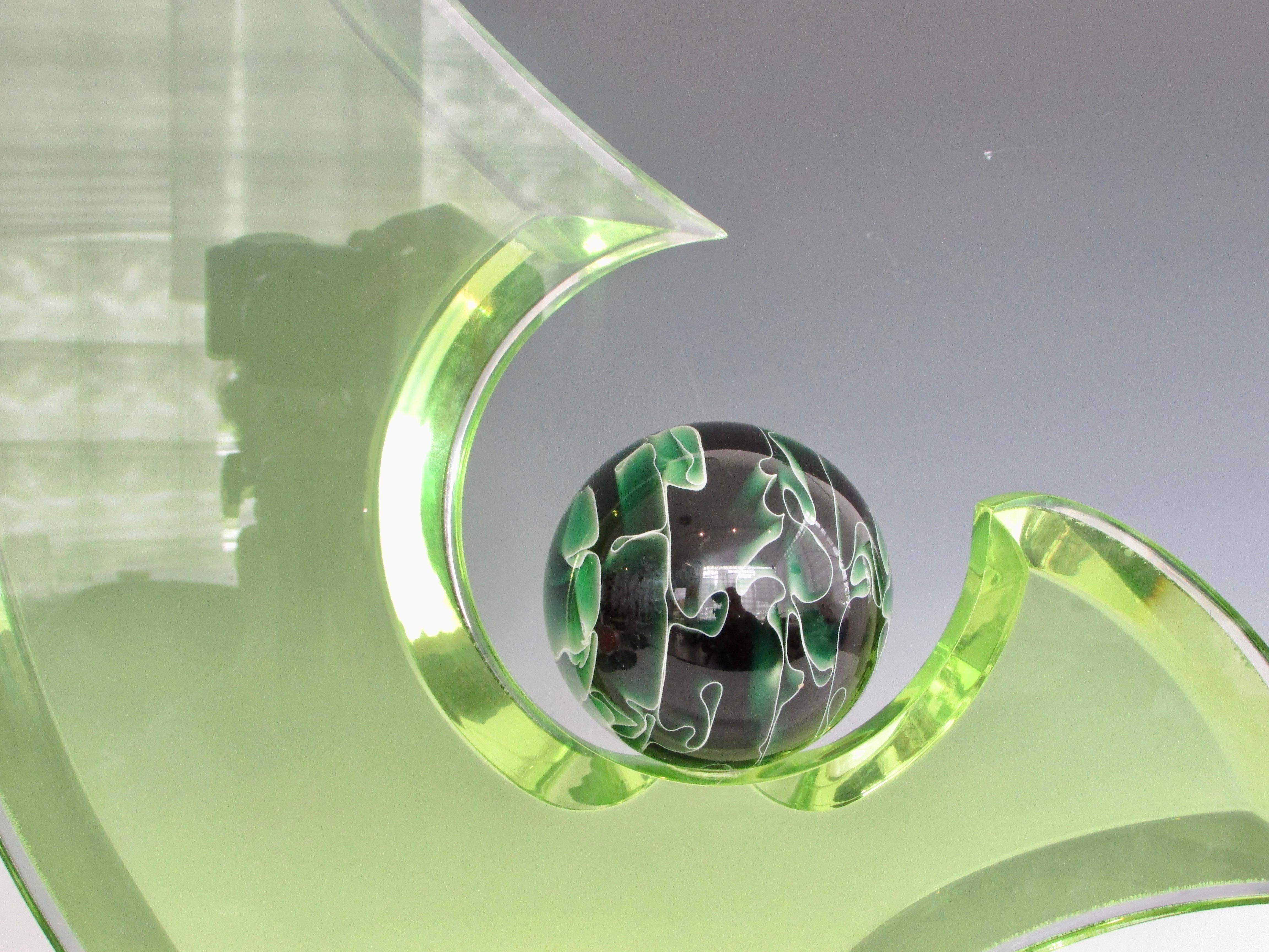 Green Lucite Sculpture on Clear Acrylic Base with Swirled Ball by Shlomi Haziza 2