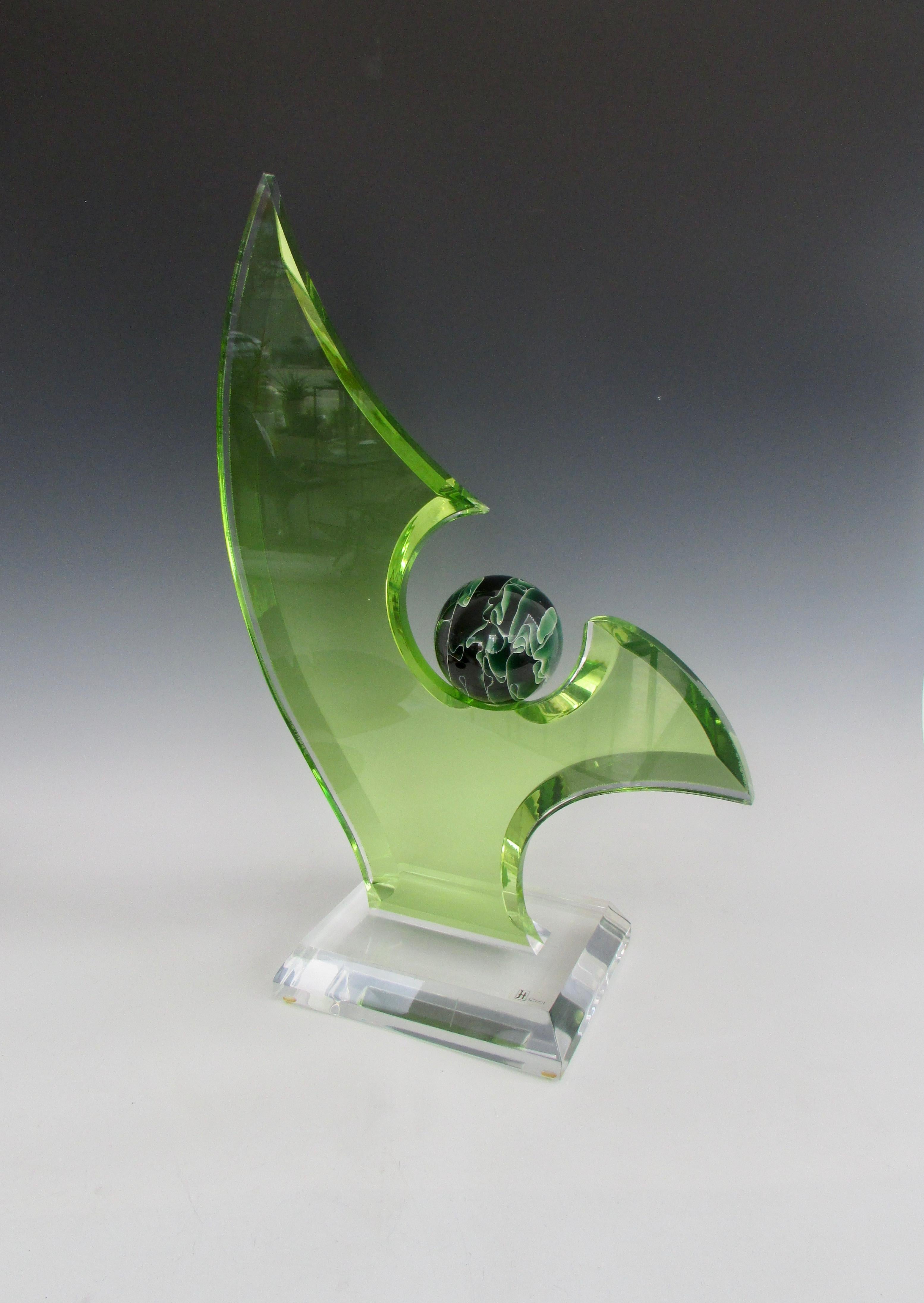 Mid-Century Modern Green Lucite Sculpture on Clear Acrylic Base with Swirled Ball by Shlomi Haziza