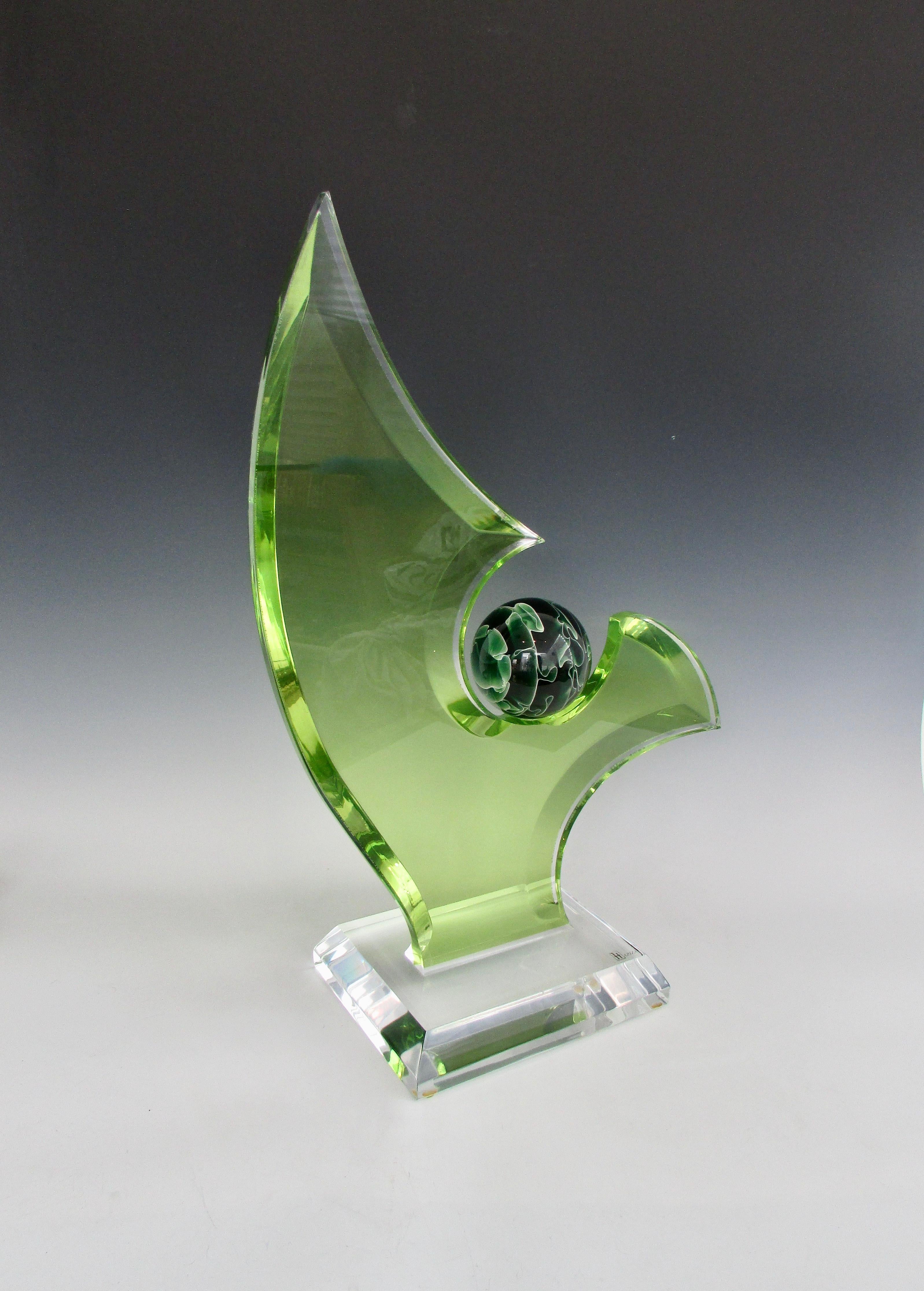 American Green Lucite Sculpture on Clear Acrylic Base with Swirled Ball by Shlomi Haziza