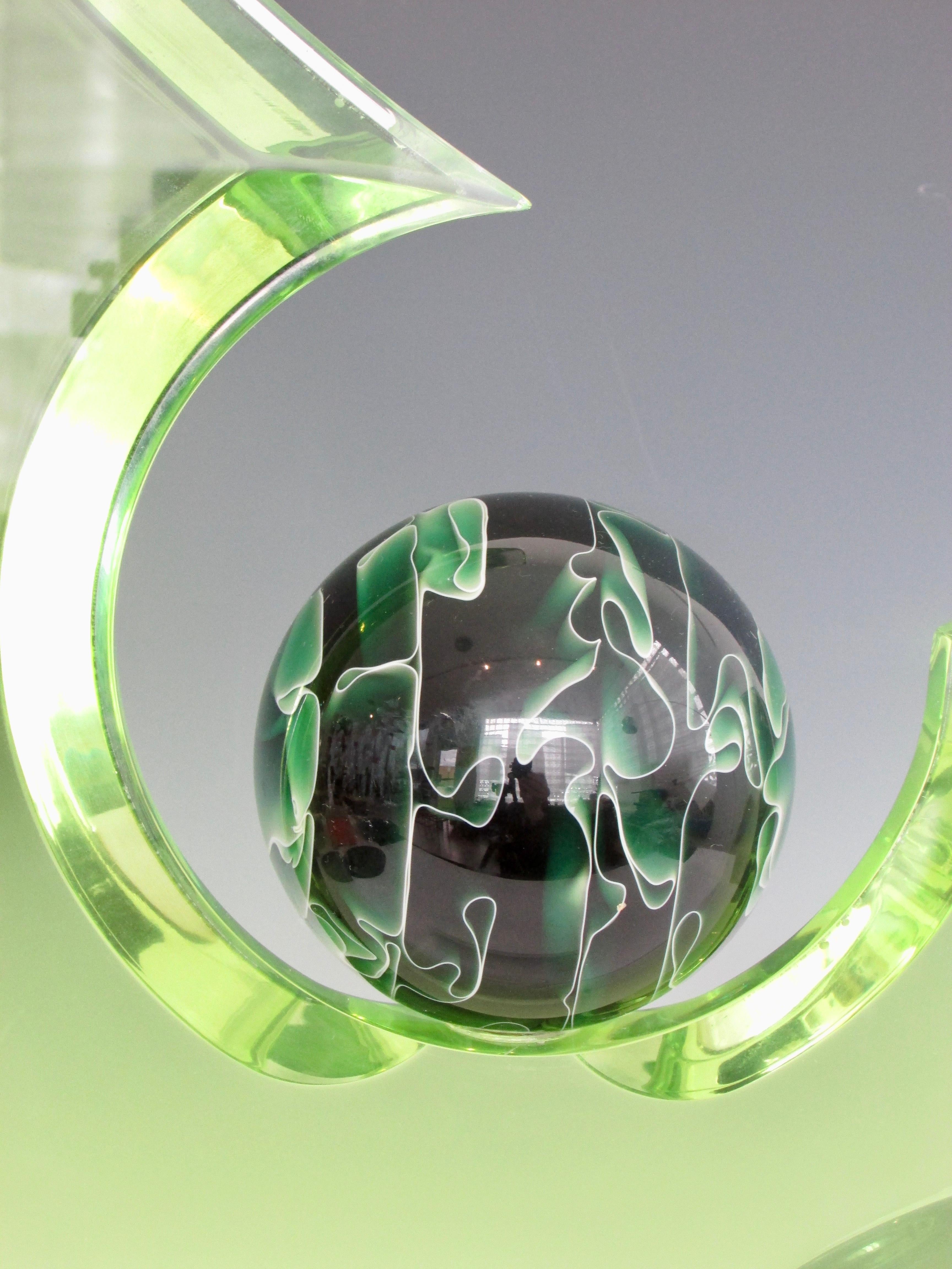 Green Lucite Sculpture on Clear Acrylic Base with Swirled Ball by Shlomi Haziza 1