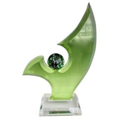 Green Lucite Sculpture on Clear Acrylic Base with Swirled Ball by Shlomi Haziza