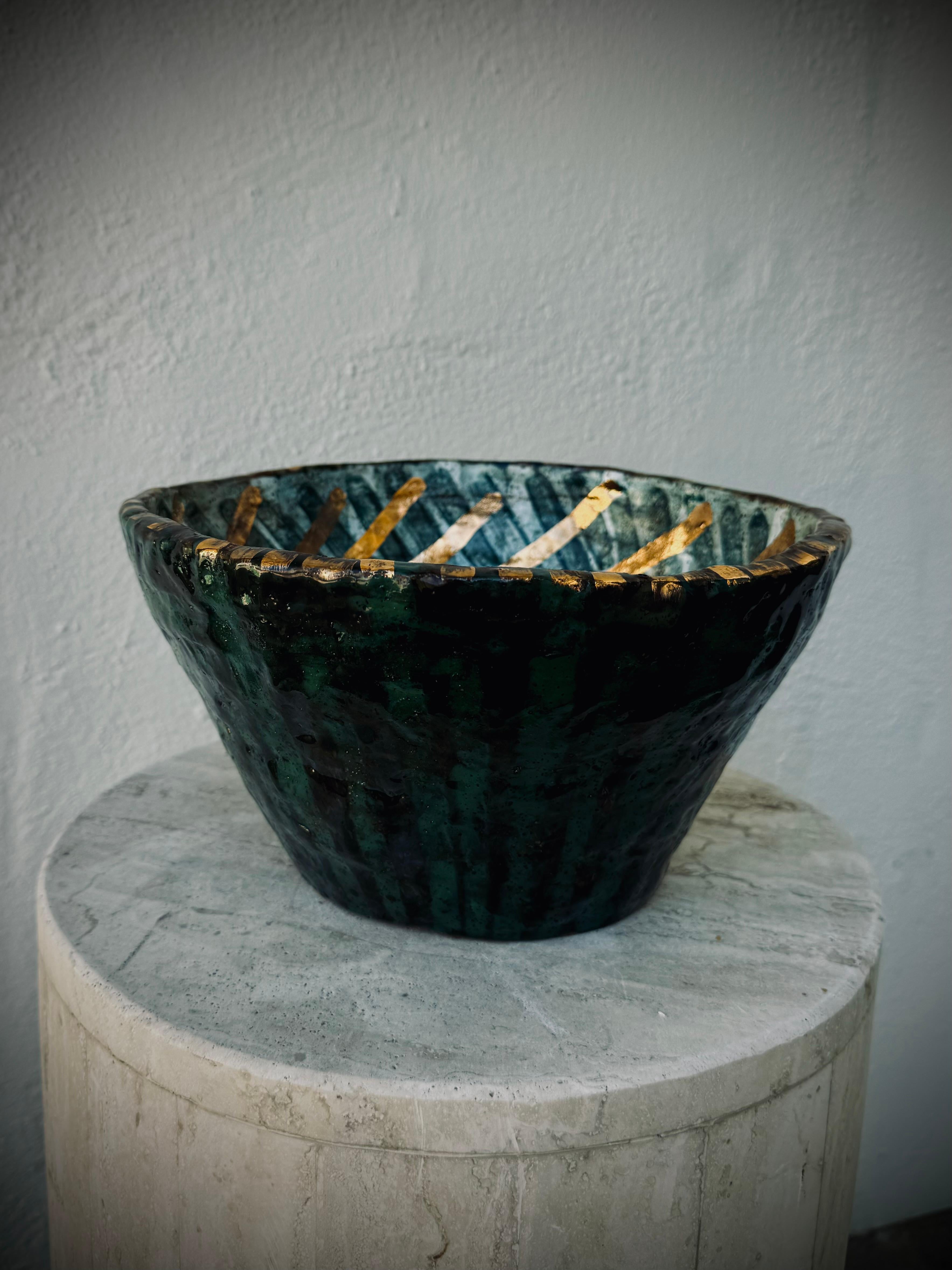 Folk Art Green Luster Lava Bowl For Sale