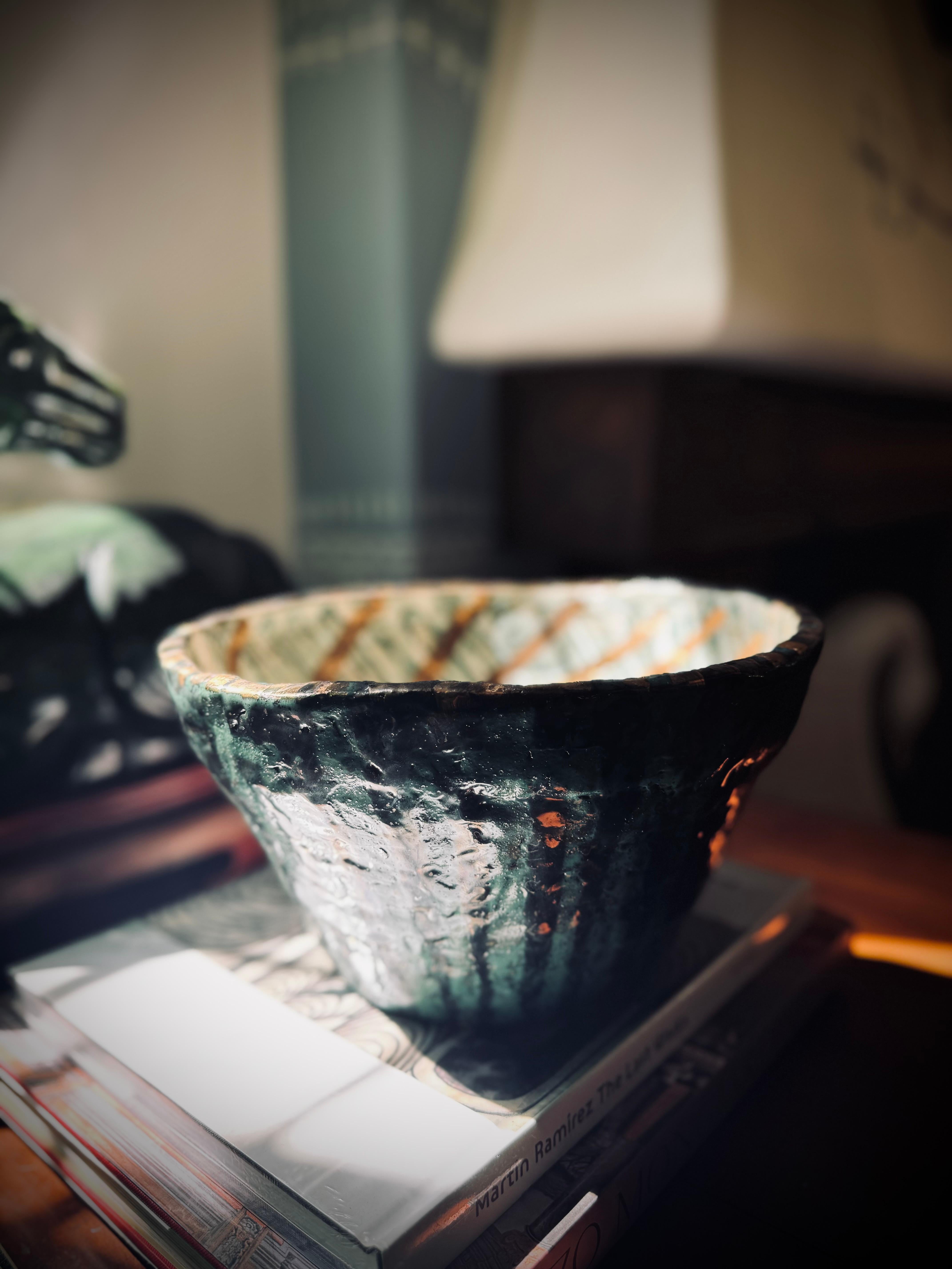 Contemporary Green Luster Lava Bowl For Sale