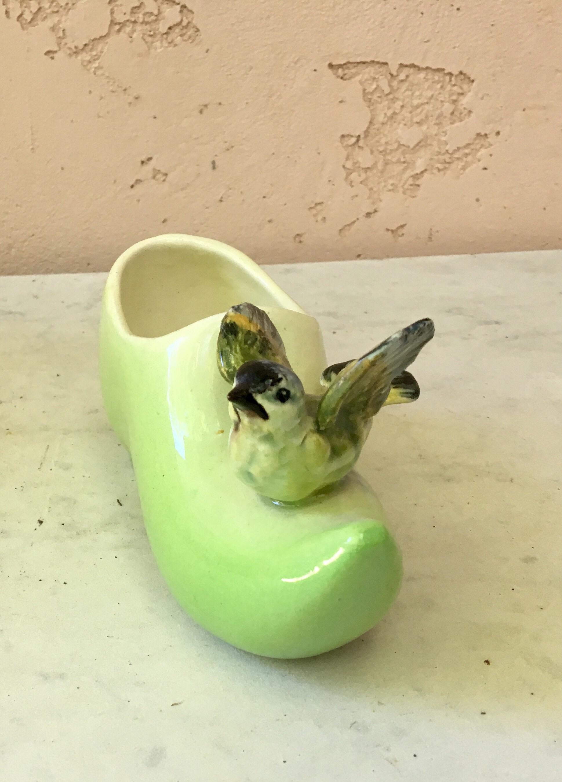 Country Green Majolica Clog with Bird Massier, circa 1890