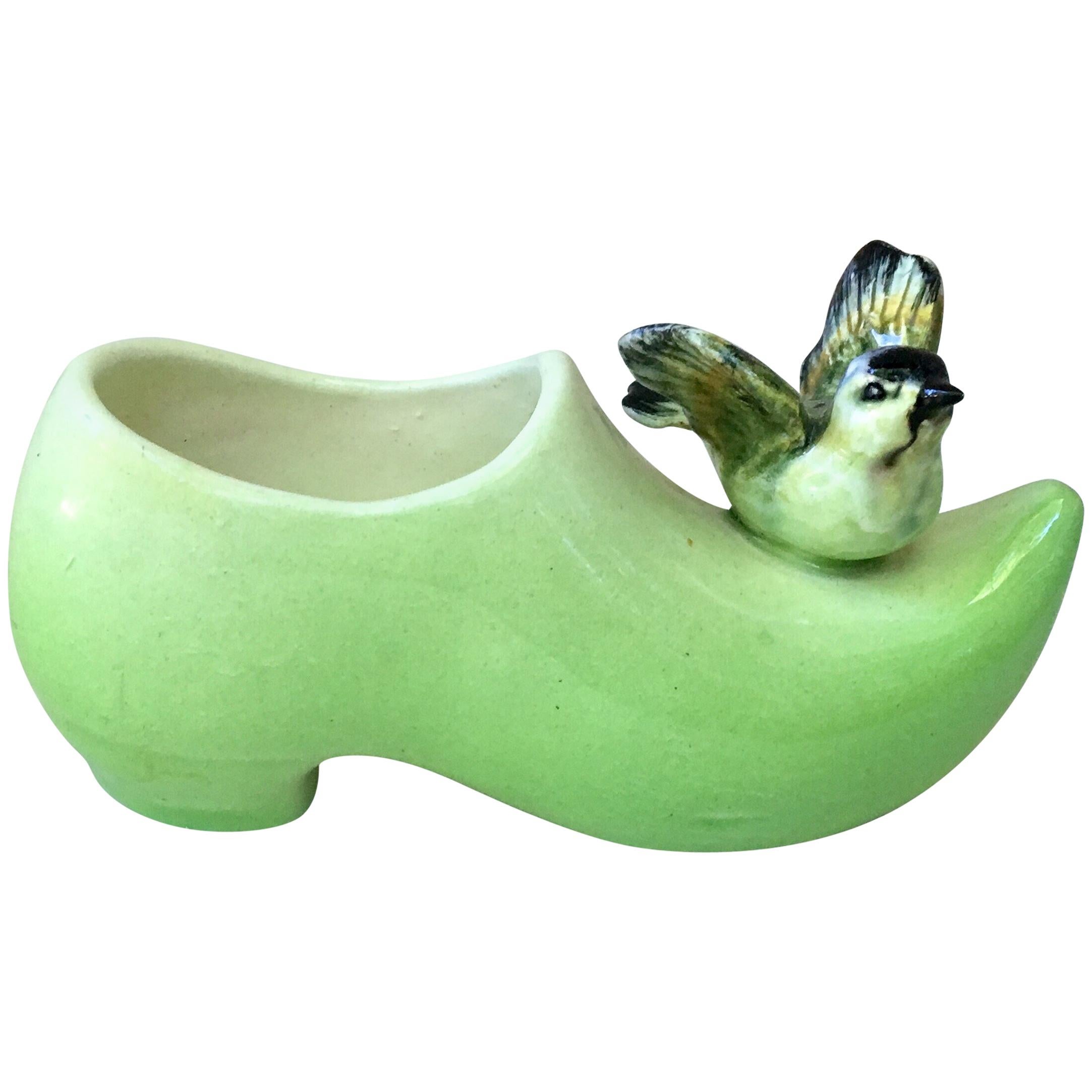 Green Majolica Clog with Bird Massier, circa 1890