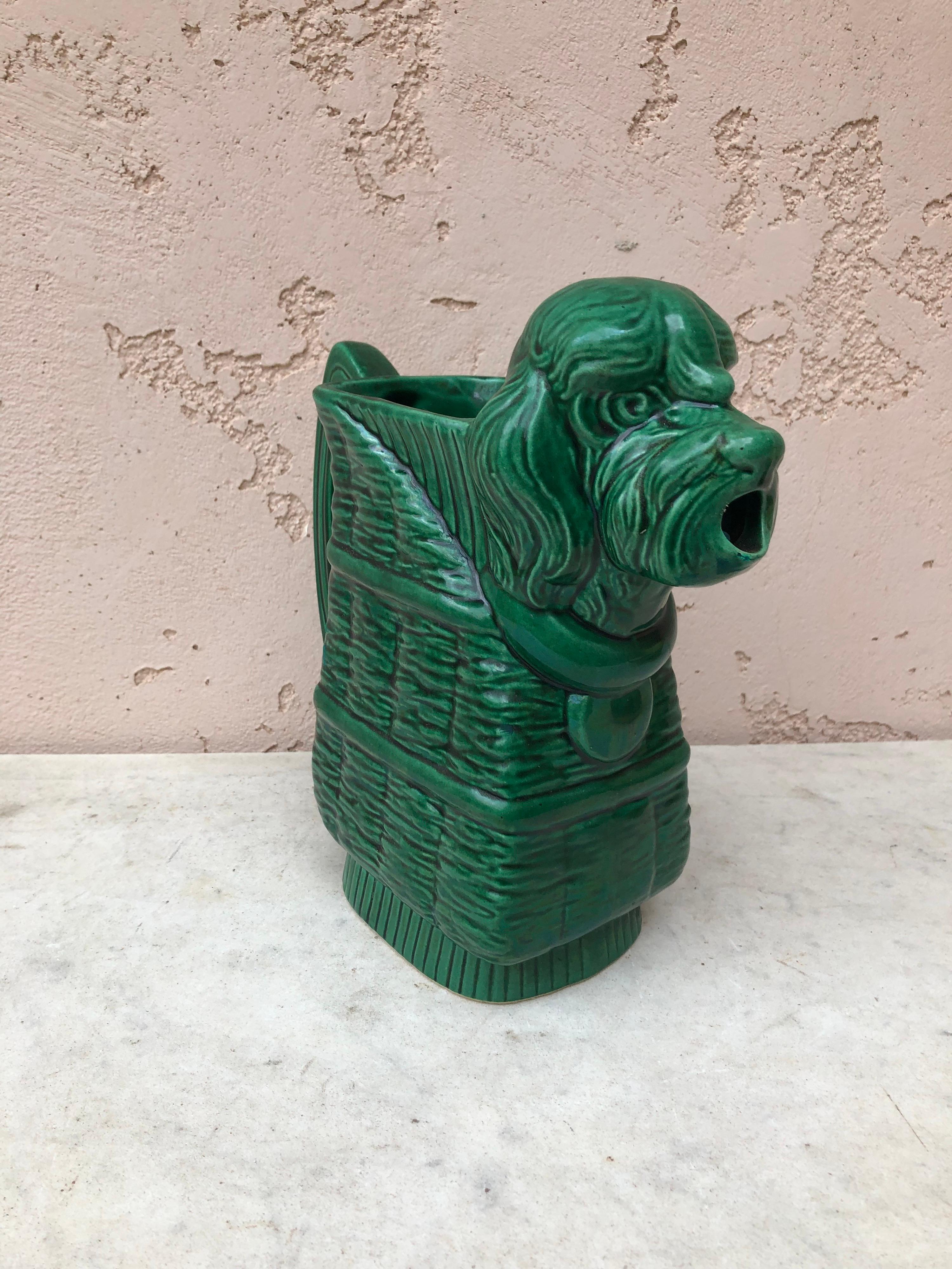 Green Majolica dog pitcher signed Saint Clement, Circa 1950.