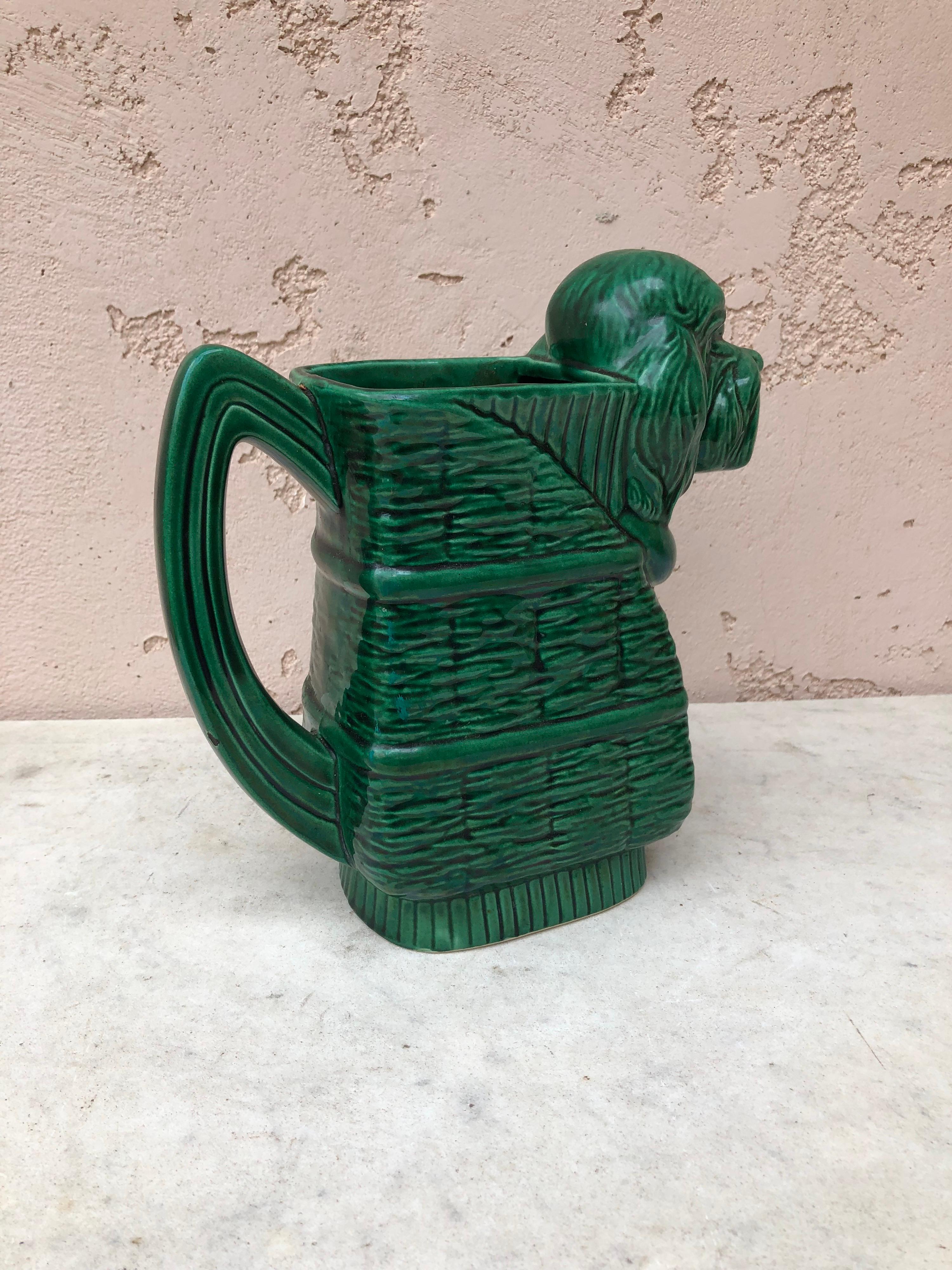 Mid-Century Modern Green Majolica Dog Pitcher Saint Clement, Circa 1950 For Sale
