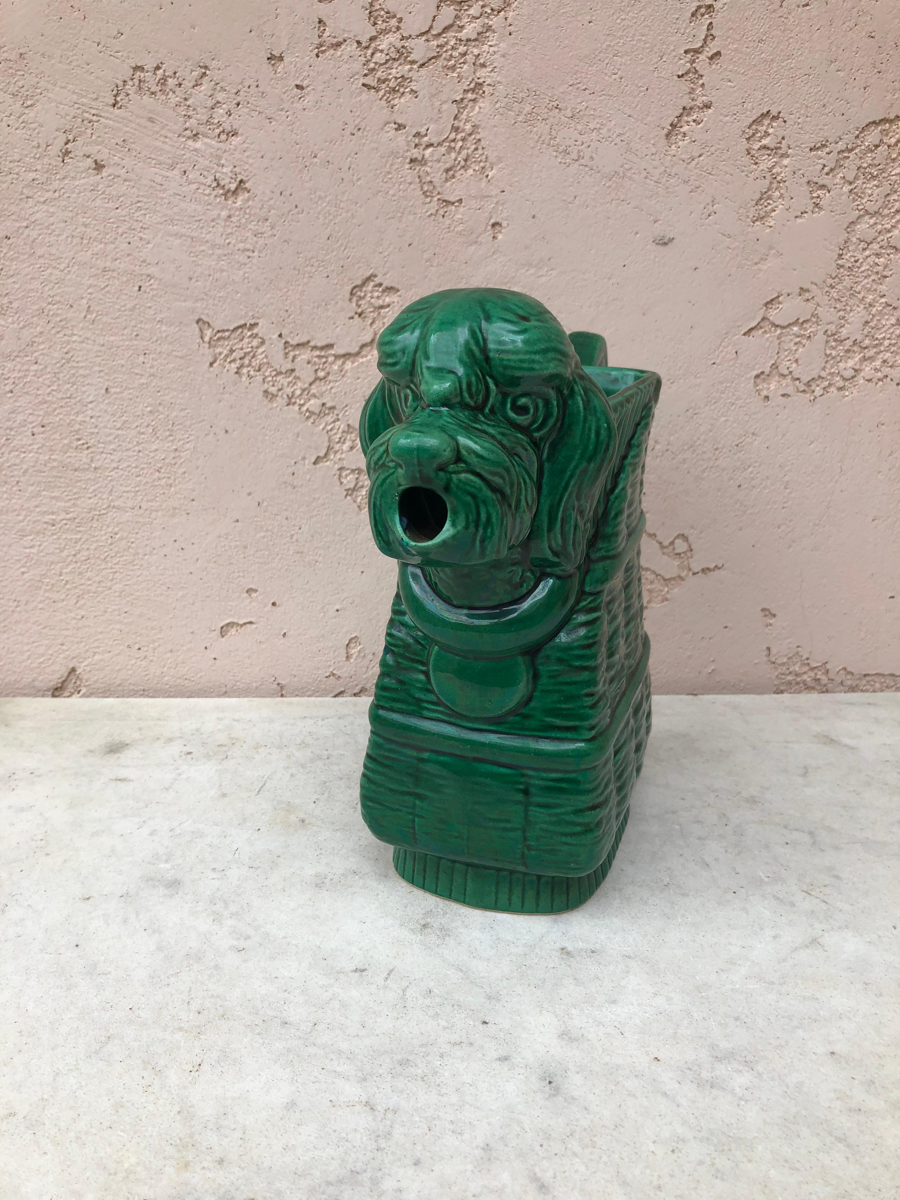 French Green Majolica Dog Pitcher Saint Clement, Circa 1950 For Sale