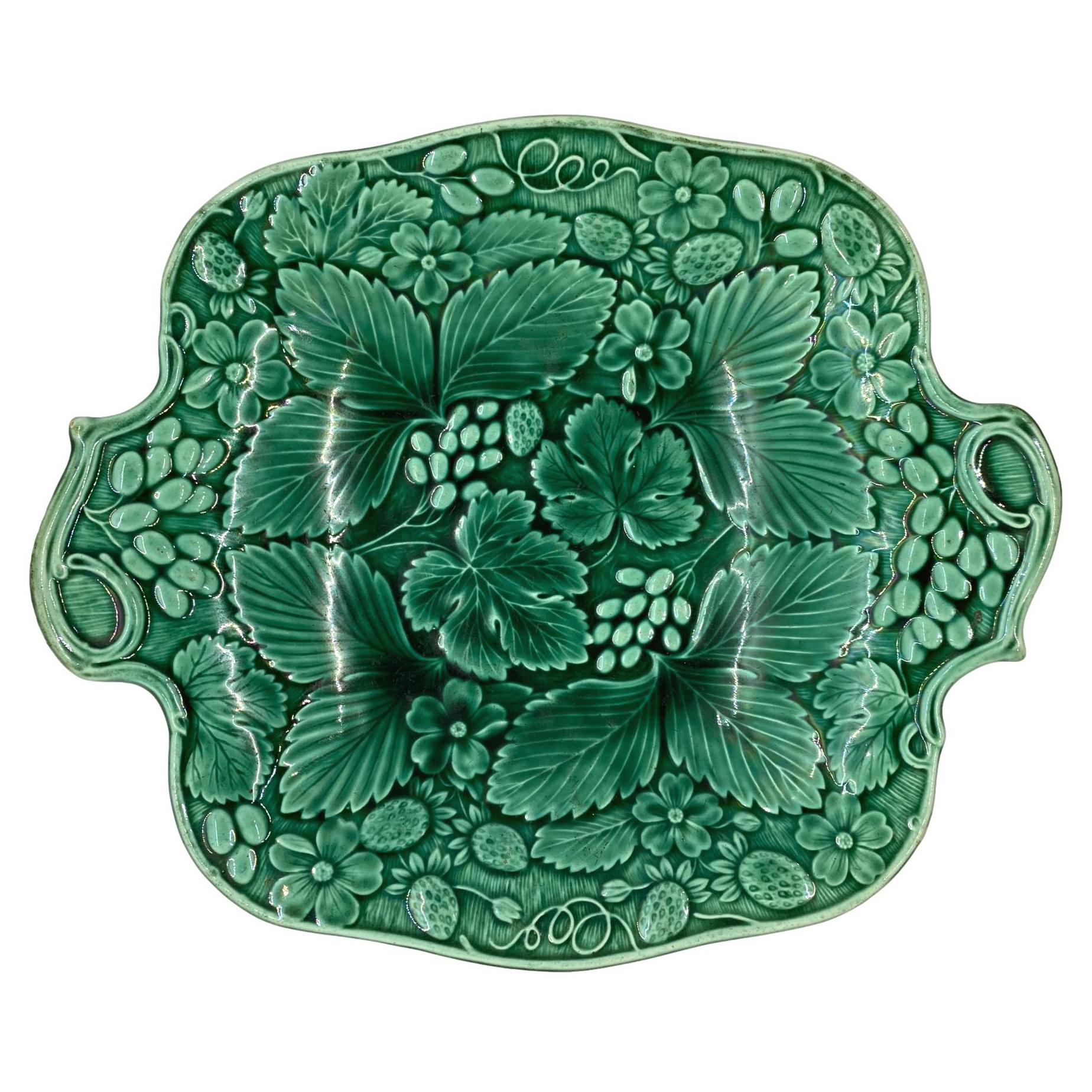 Green Majolica Footed Dessert/Strawberry Tray, English, Ca. 1880