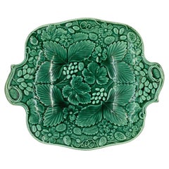 Antique Green Majolica Footed Dessert/Strawberry Tray, English, Ca. 1880
