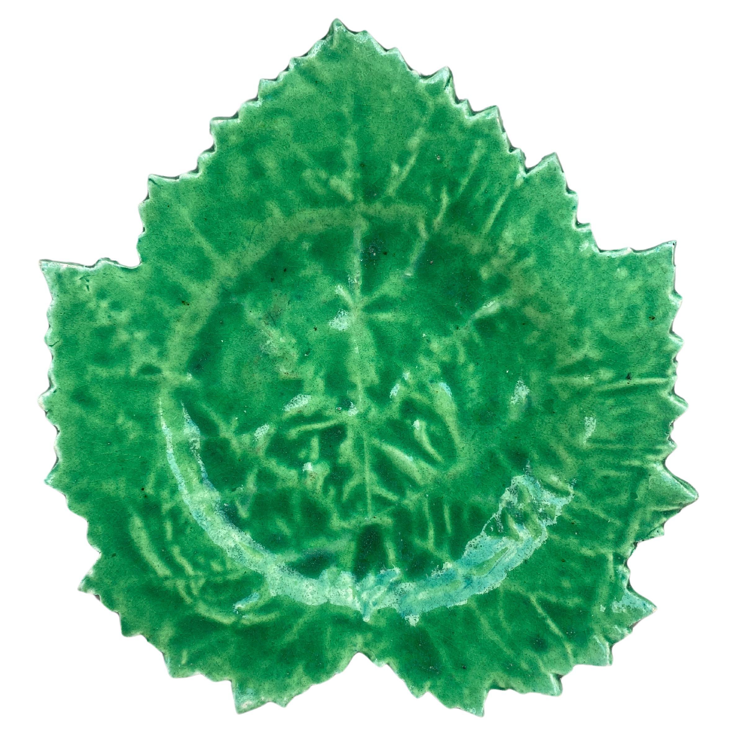 Green Majolica Leaf Plate circa 1950 For Sale