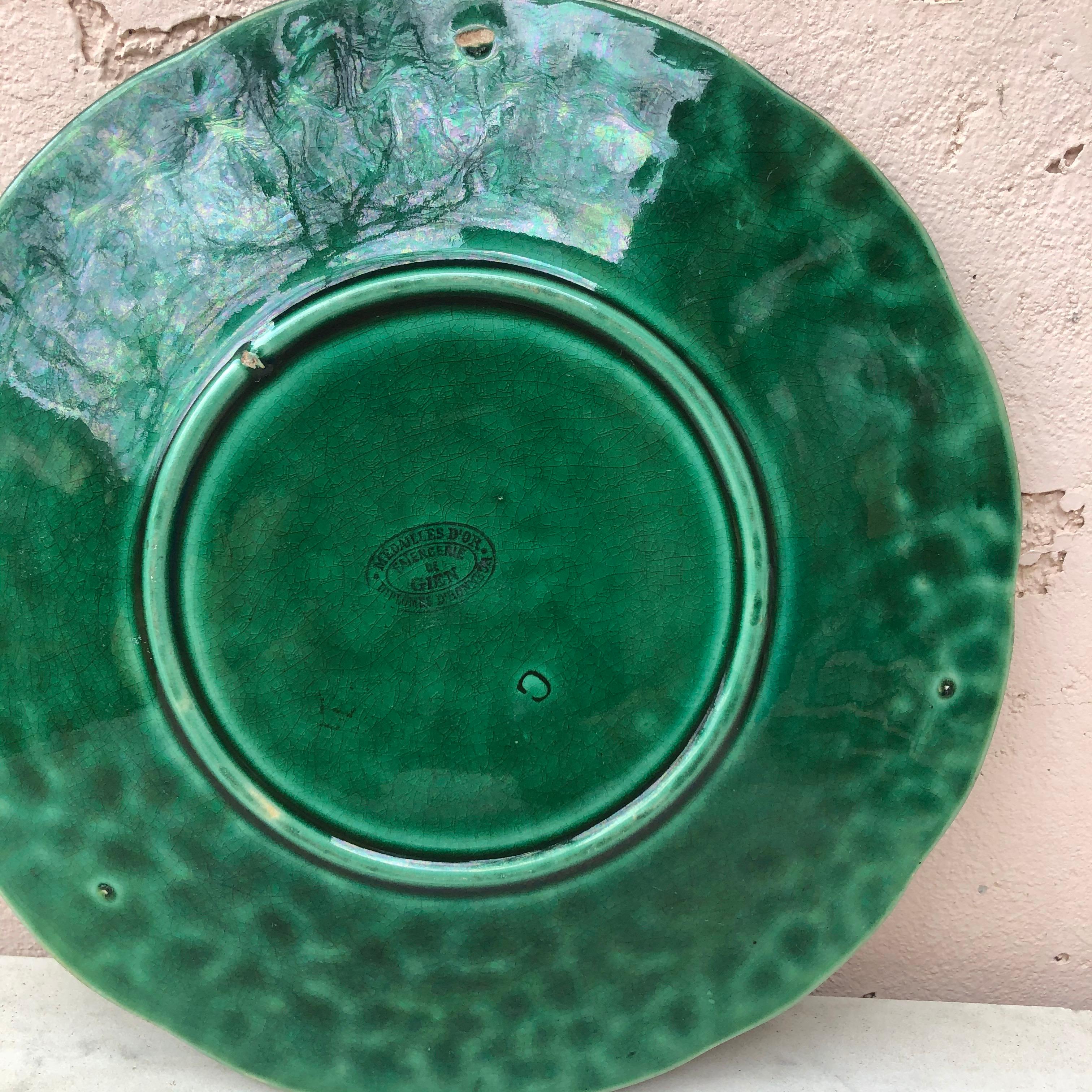 French Green Majolica Leaves Plate Gien, circa 1890 For Sale