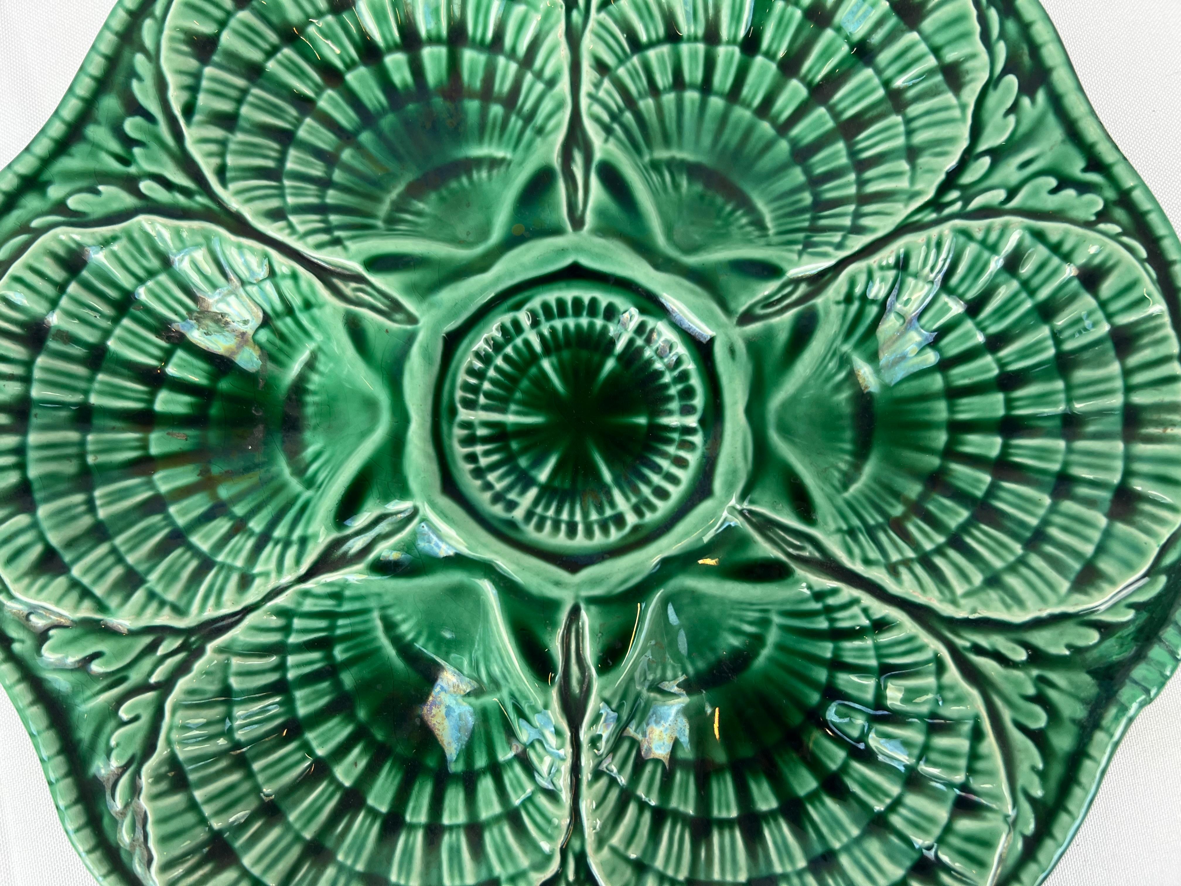 Belle Époque Green Majolica oyster plate by Sarreguemines, France