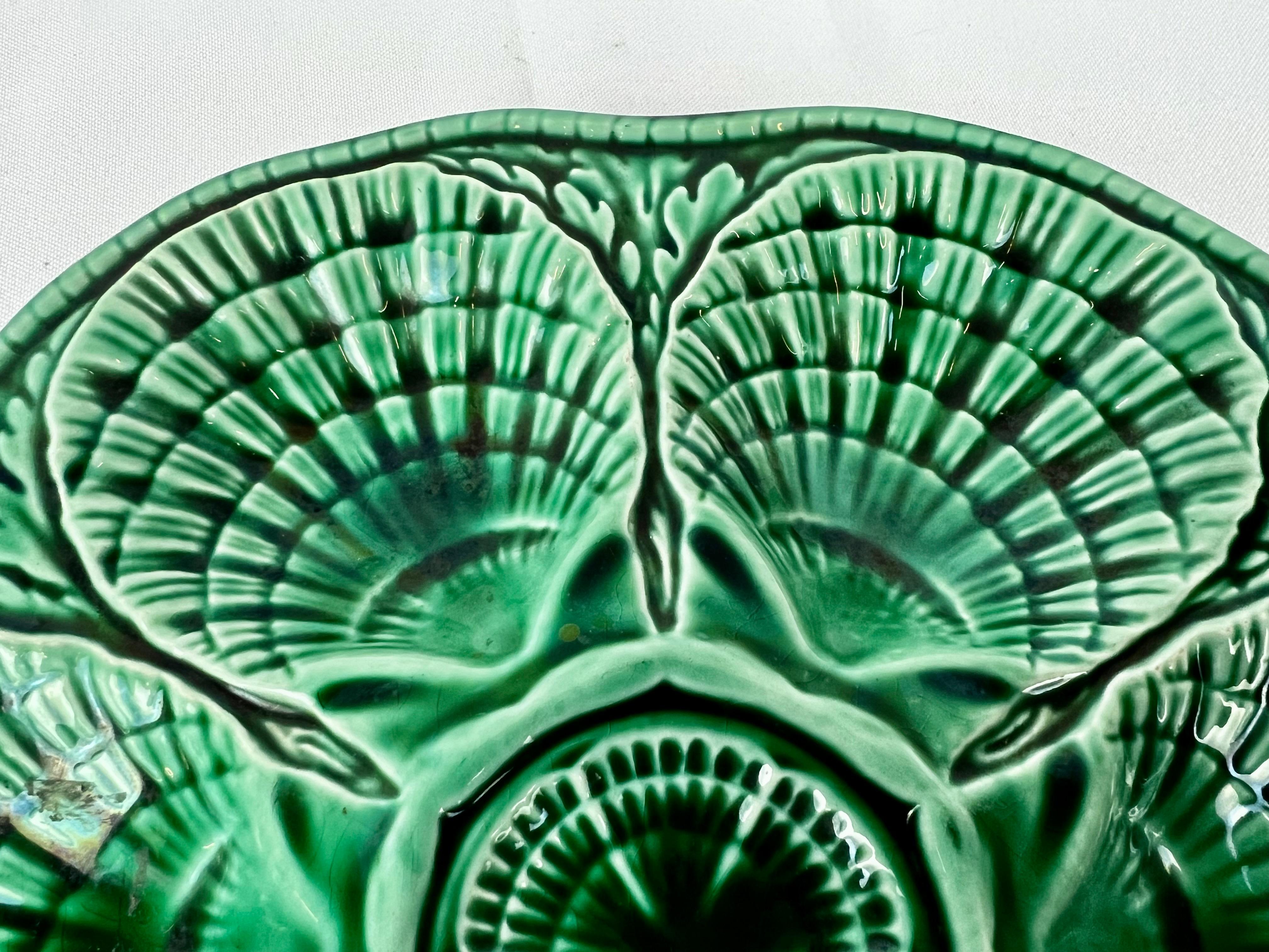 Glazed Green Majolica oyster plate by Sarreguemines, France
