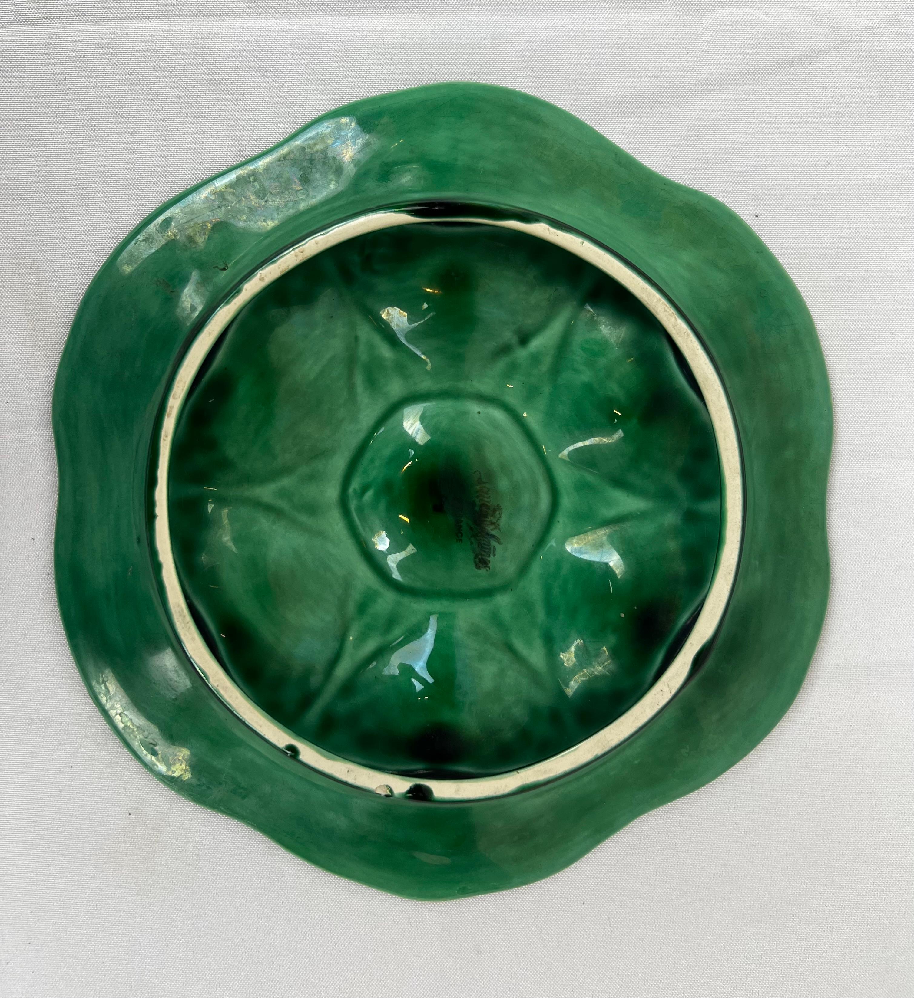 Mid-20th Century Green Majolica oyster plate by Sarreguemines, France