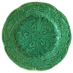 Green Majolica Plate with Acanthus Leaves and Grapes, circa 1880