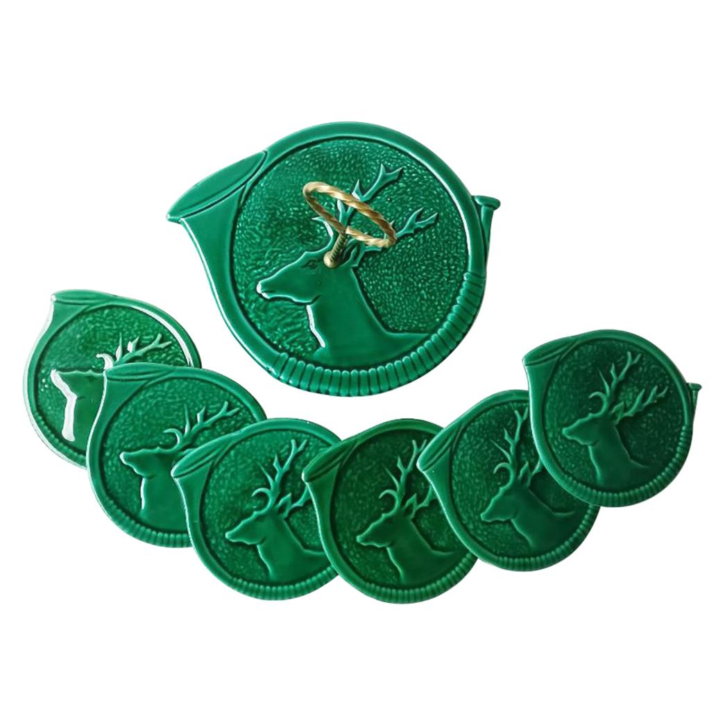 Green Majolica Set of Cheese Board and Plates With Stags Vallauris, circa 1950