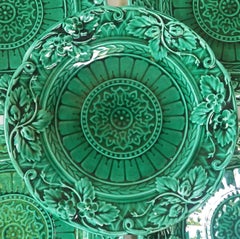 Green Majolica Strawberries Dessert Plates Sarreguemines Majolica, circa 1870