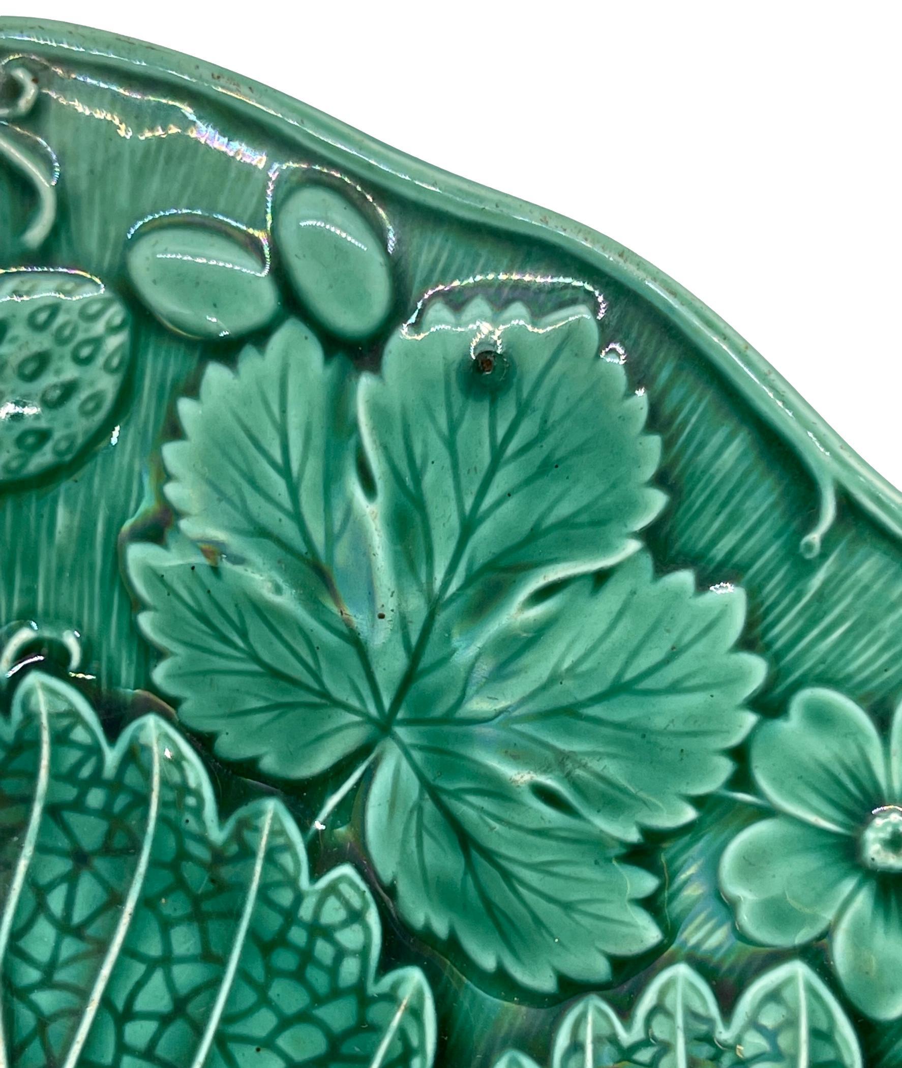 Molded Green Majolica Strawberry Dessert Plate, English, ca. 1880