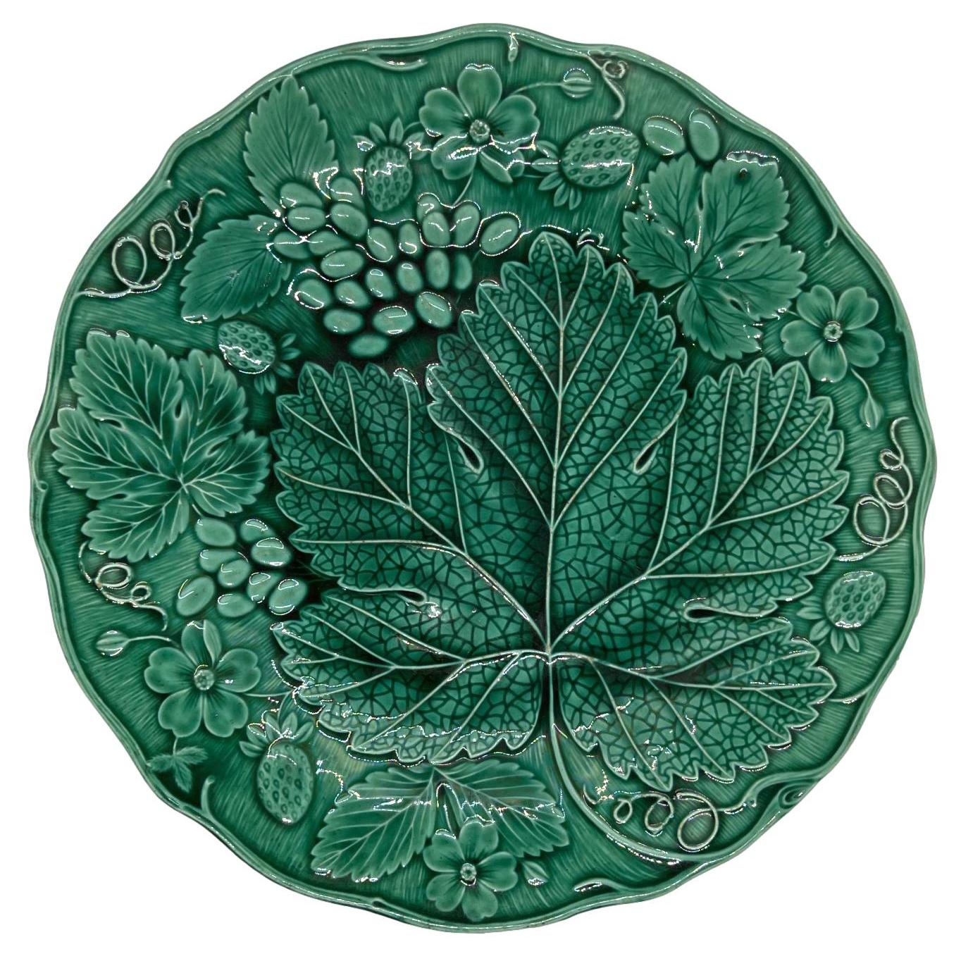 Green Majolica Strawberry Dessert Plate, English, ca. 1880