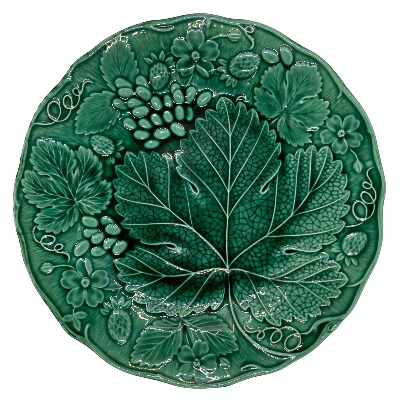 Green Majolica Strawberry Dessert Plate, English, ca. 1880