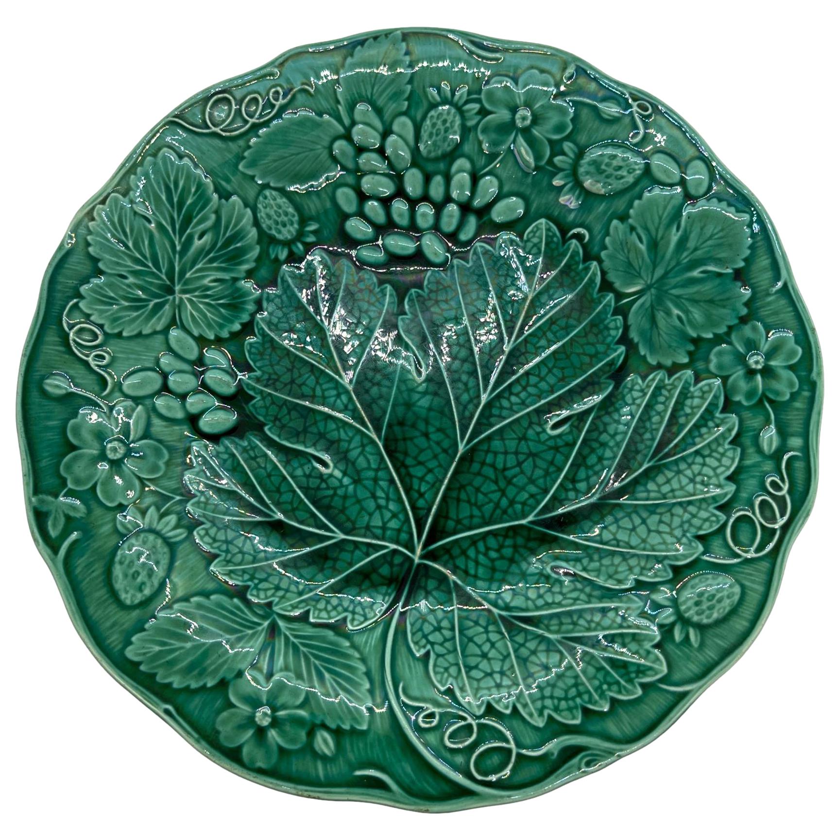 Green Majolica Strawberry Dessert Plate, English, ca. 1880