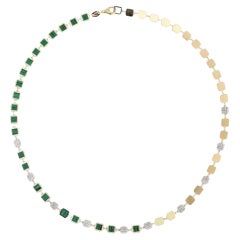 Green Malachite 14K(or 18k upon request)Yellow Gold Diamond Square Link Necklace
