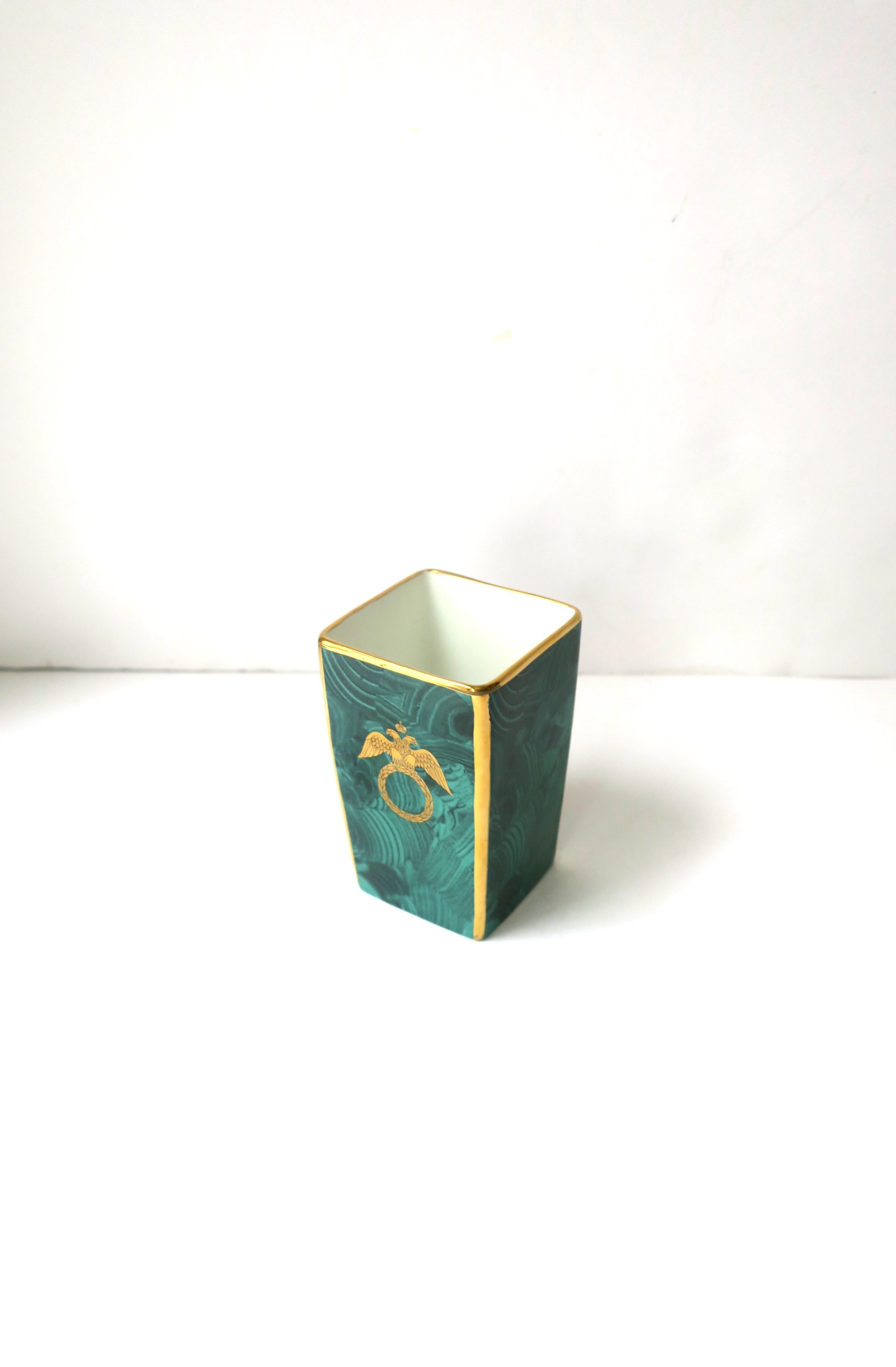 Malachite and Gold Porcelain Desk Pen or Vanity Holders, or Vases, England, Pair 6