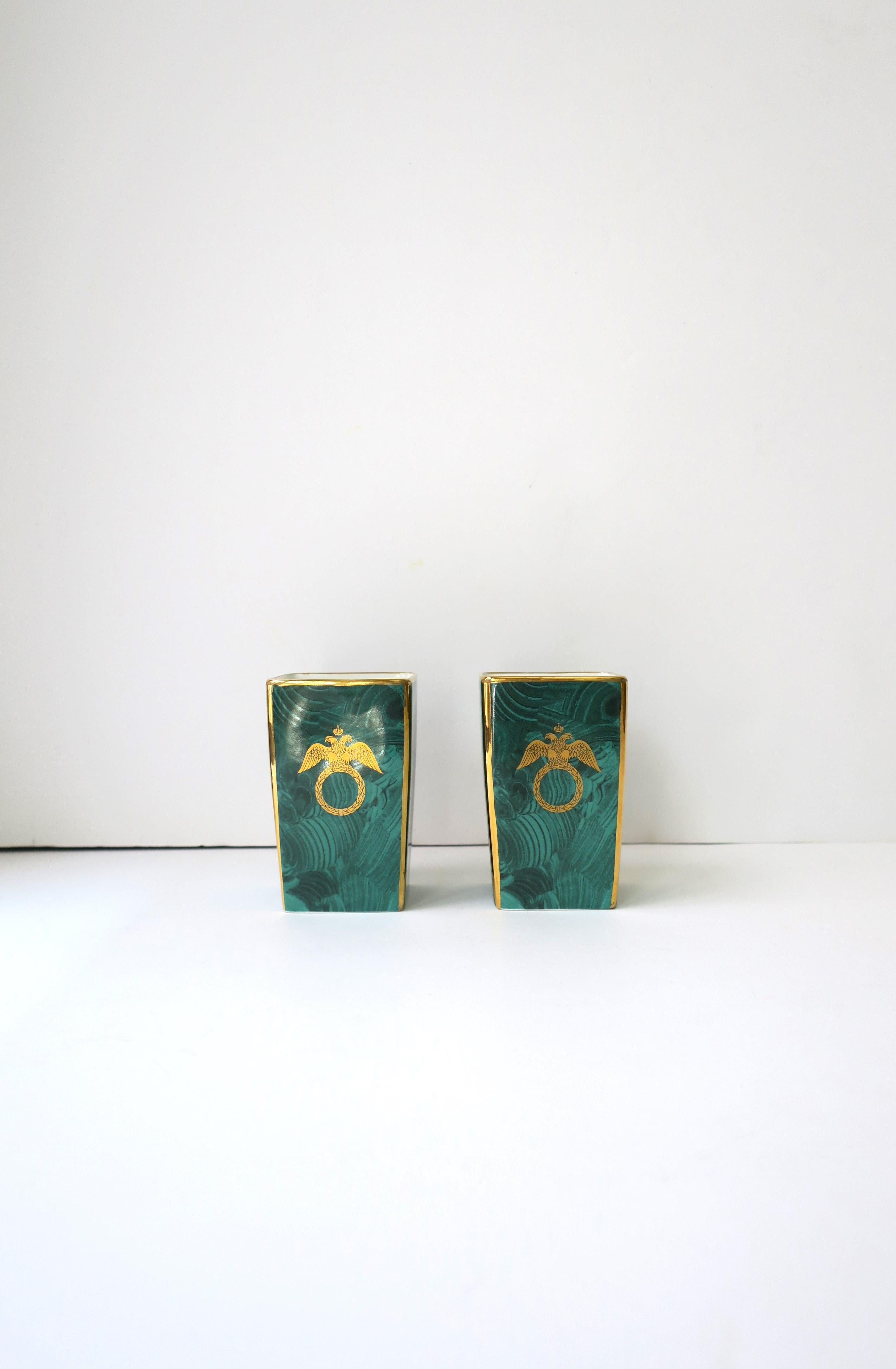 English Malachite and Gold Porcelain Desk Pen or Vanity Holders, or Vases, England, Pair