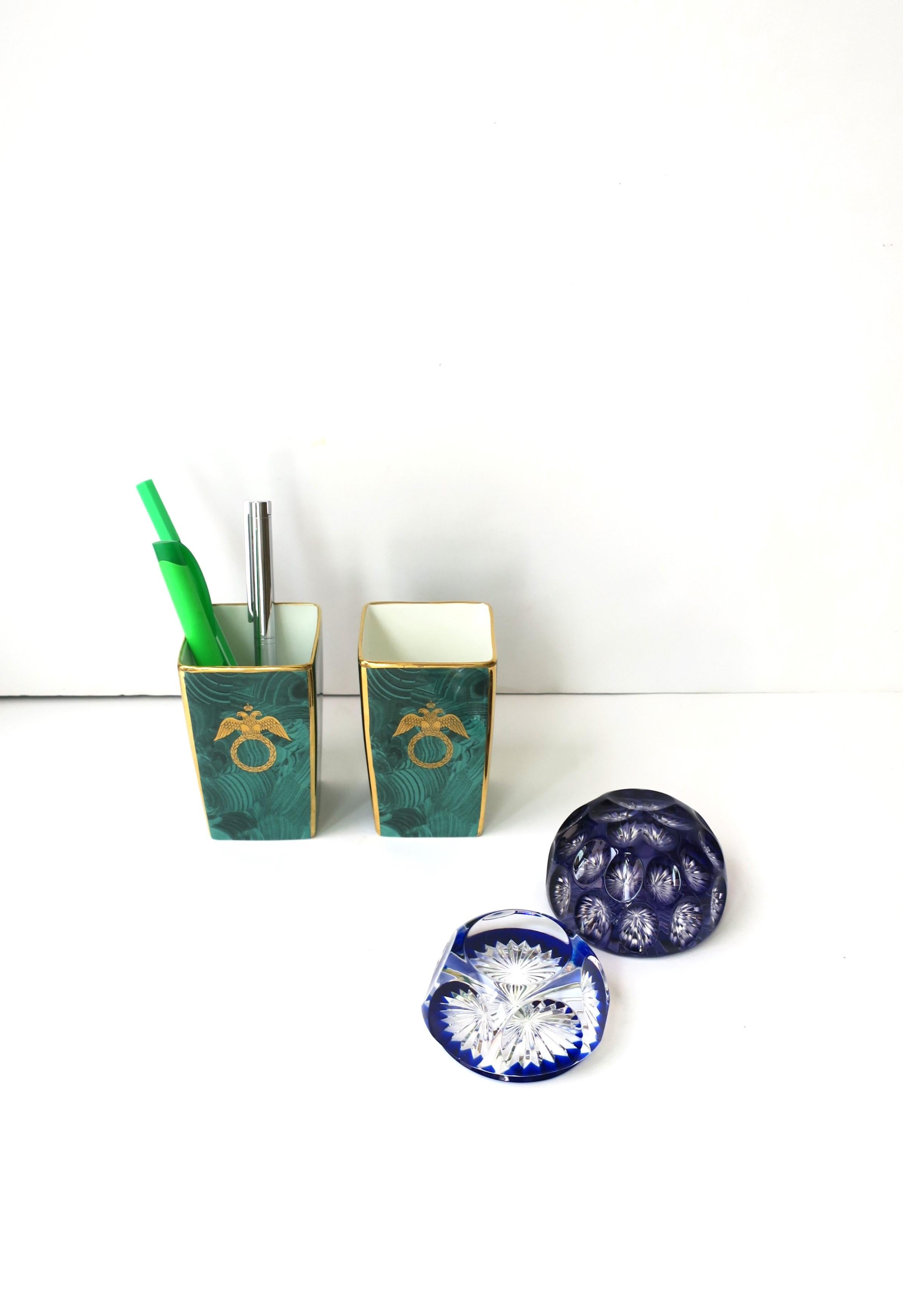20th Century Malachite and Gold Porcelain Desk Pen or Vanity Holders, or Vases, England, Pair