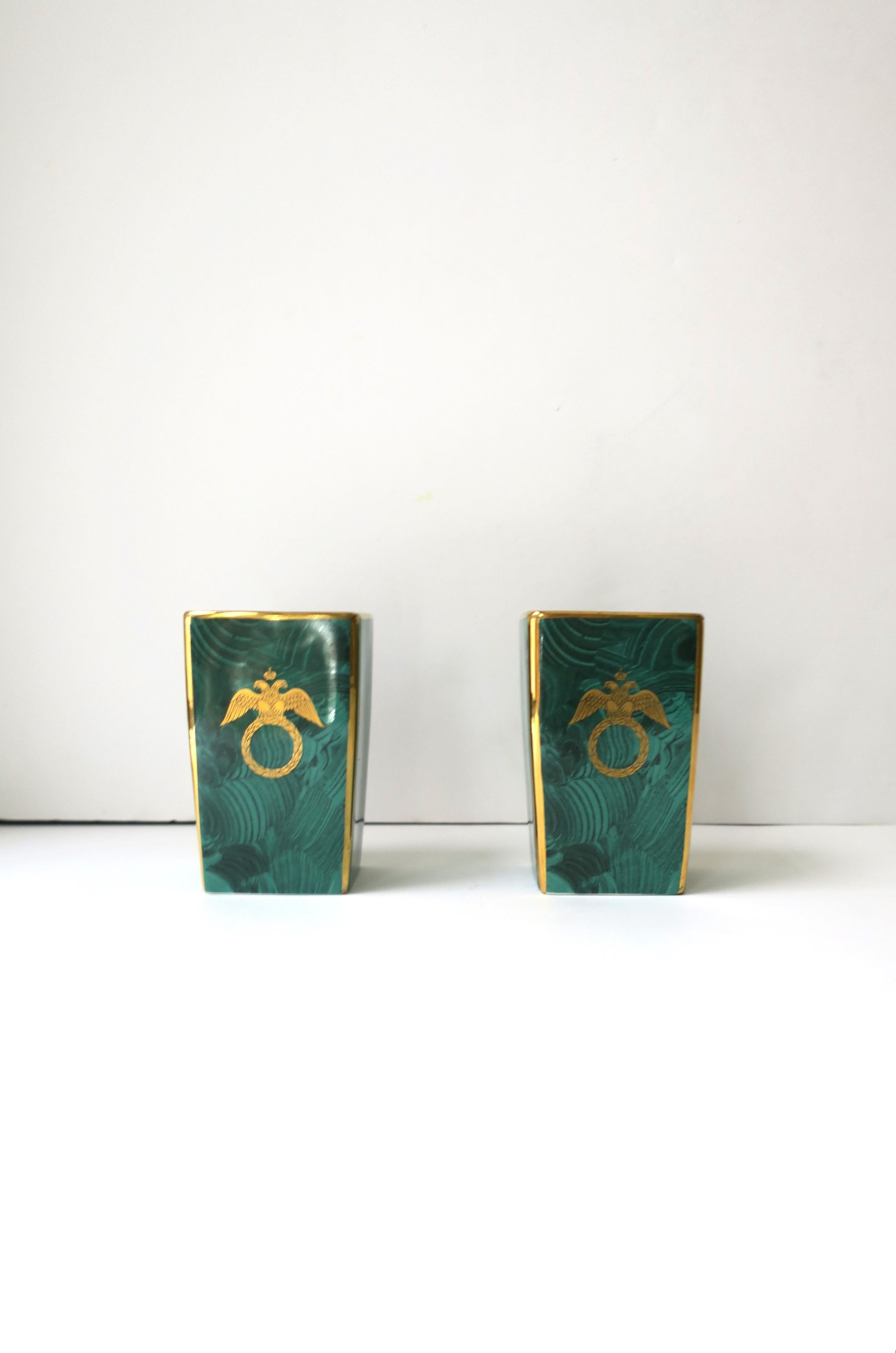 Malachite and Gold Porcelain Desk Pen or Vanity Holders, or Vases, England, Pair 1