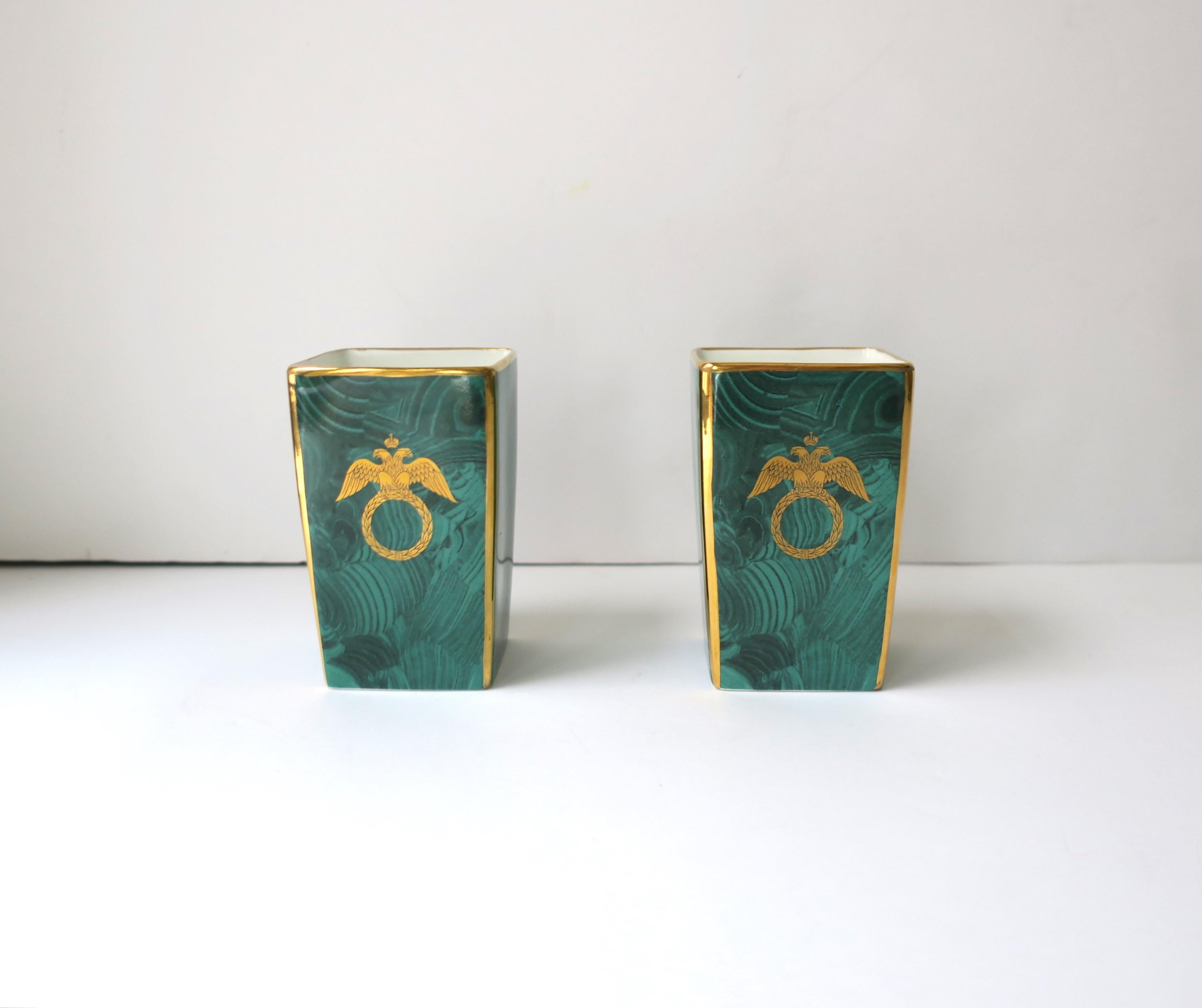 Malachite and Gold Porcelain Desk Pen or Vanity Holders, or Vases, England, Pair 2