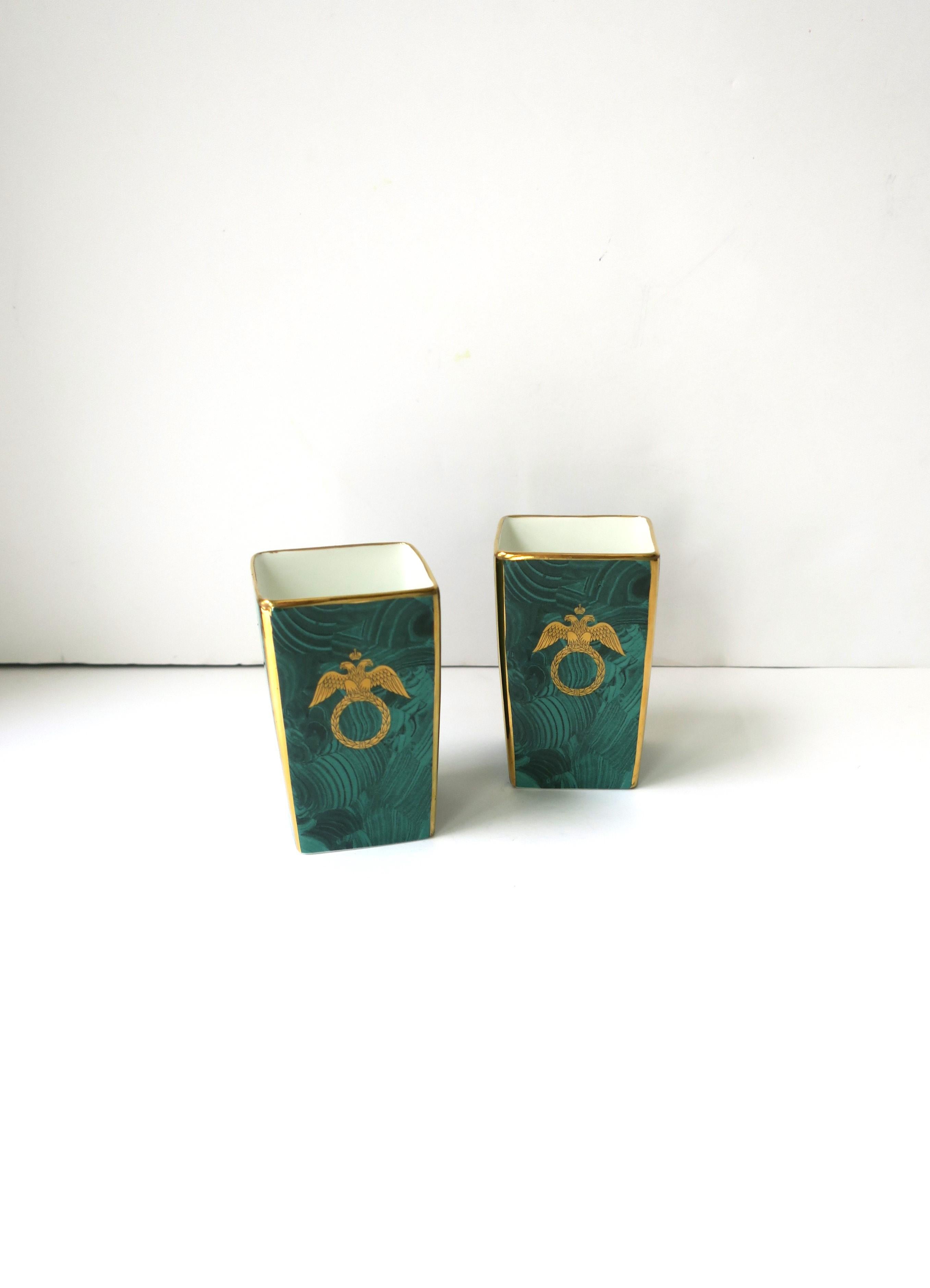 Malachite and Gold Porcelain Desk Pen or Vanity Holders, or Vases, England, Pair 5